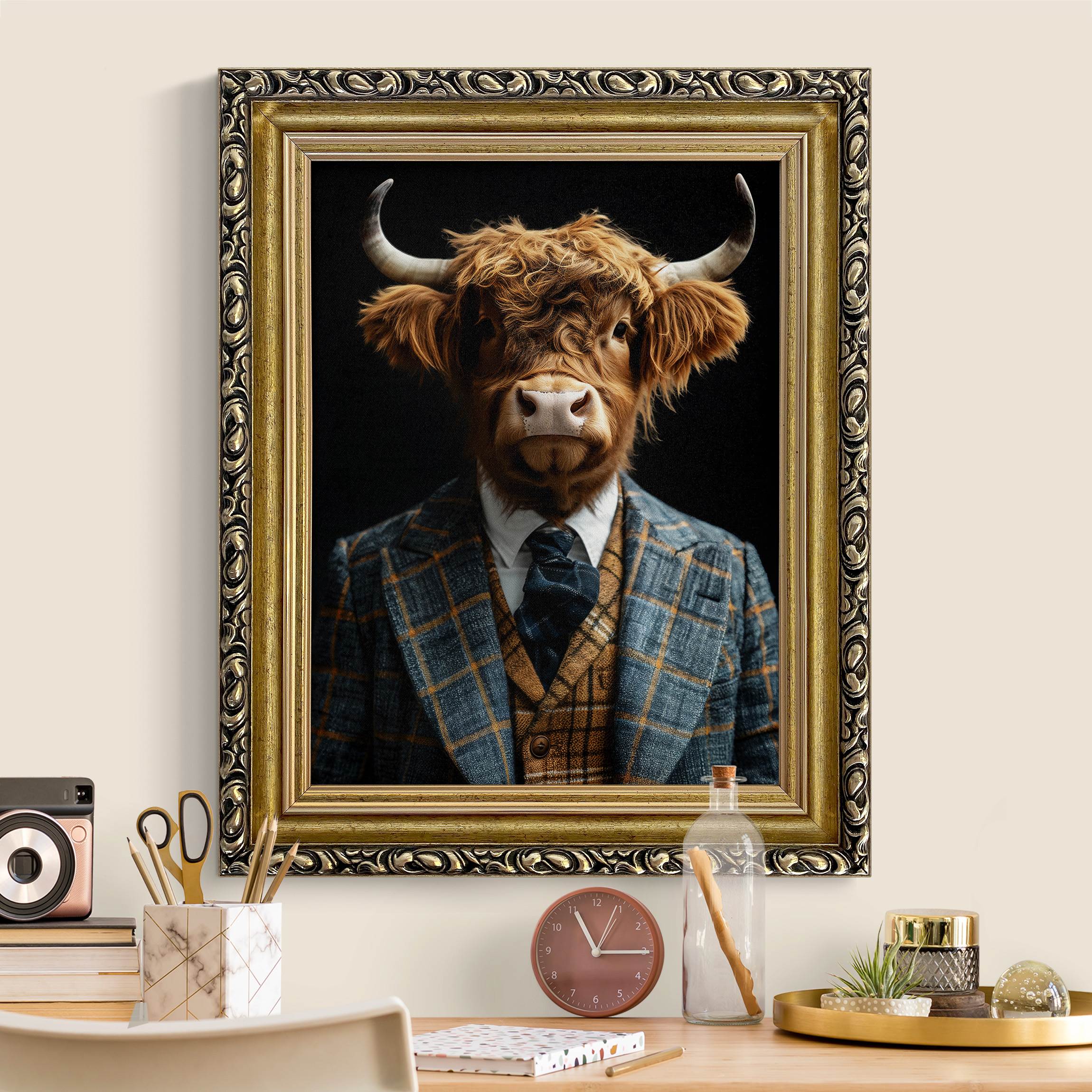 Leinwandbild in Barockrahmen Hochlandrind im Anzug