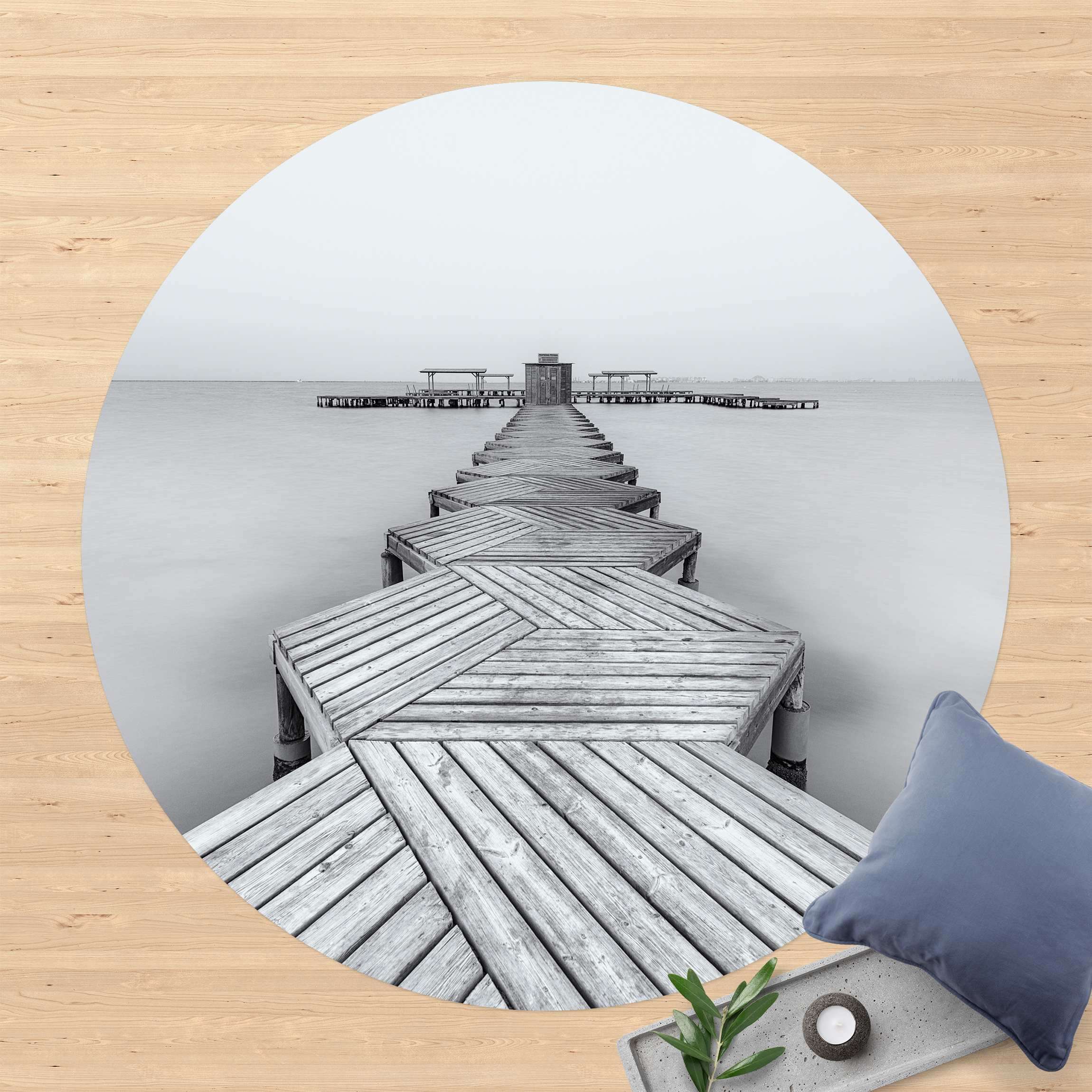Runder Vinyl-Teppich Hölzerner Pier und Schwarz-weiß