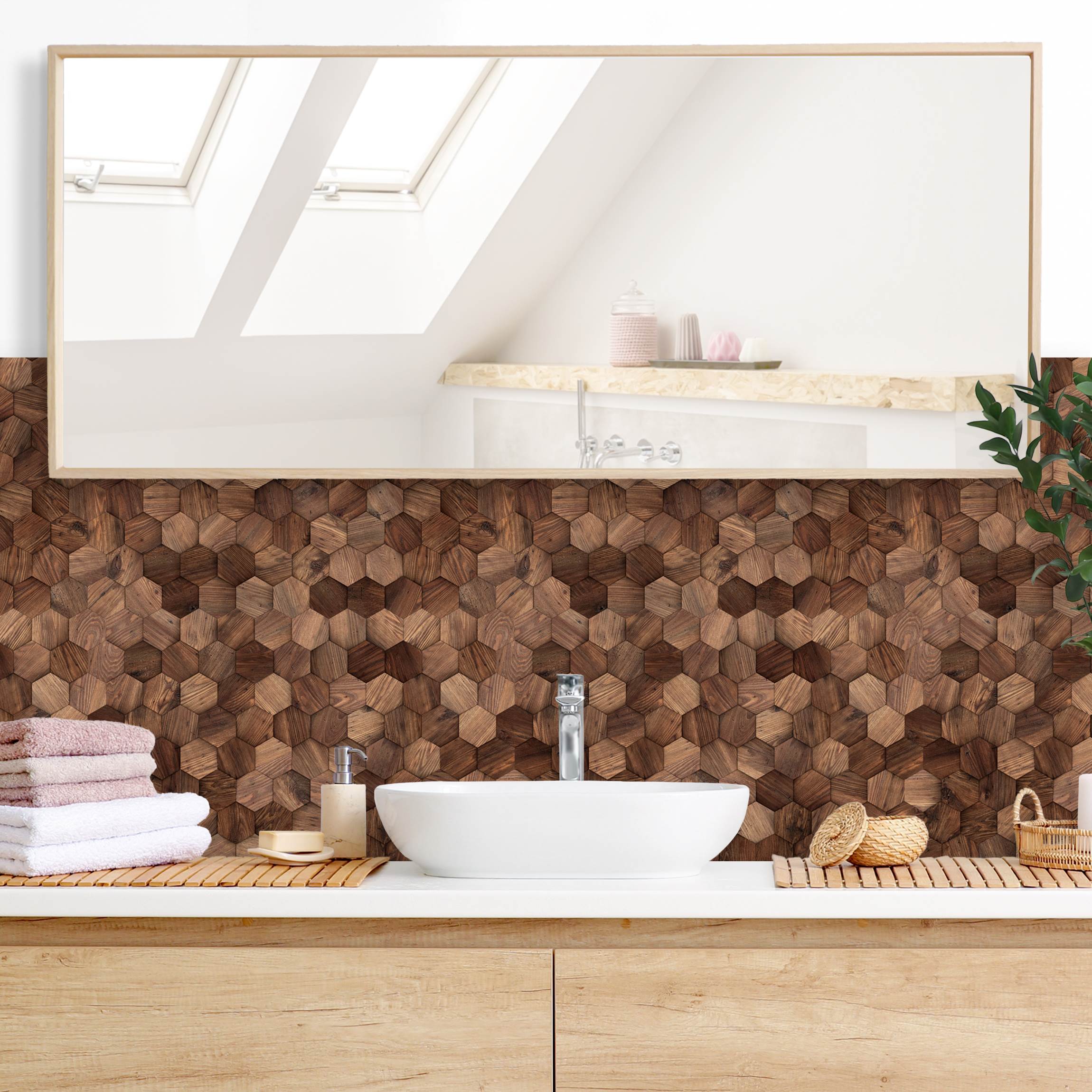 Wandverkleidung Bad Holz Hexagone Muster Akazie