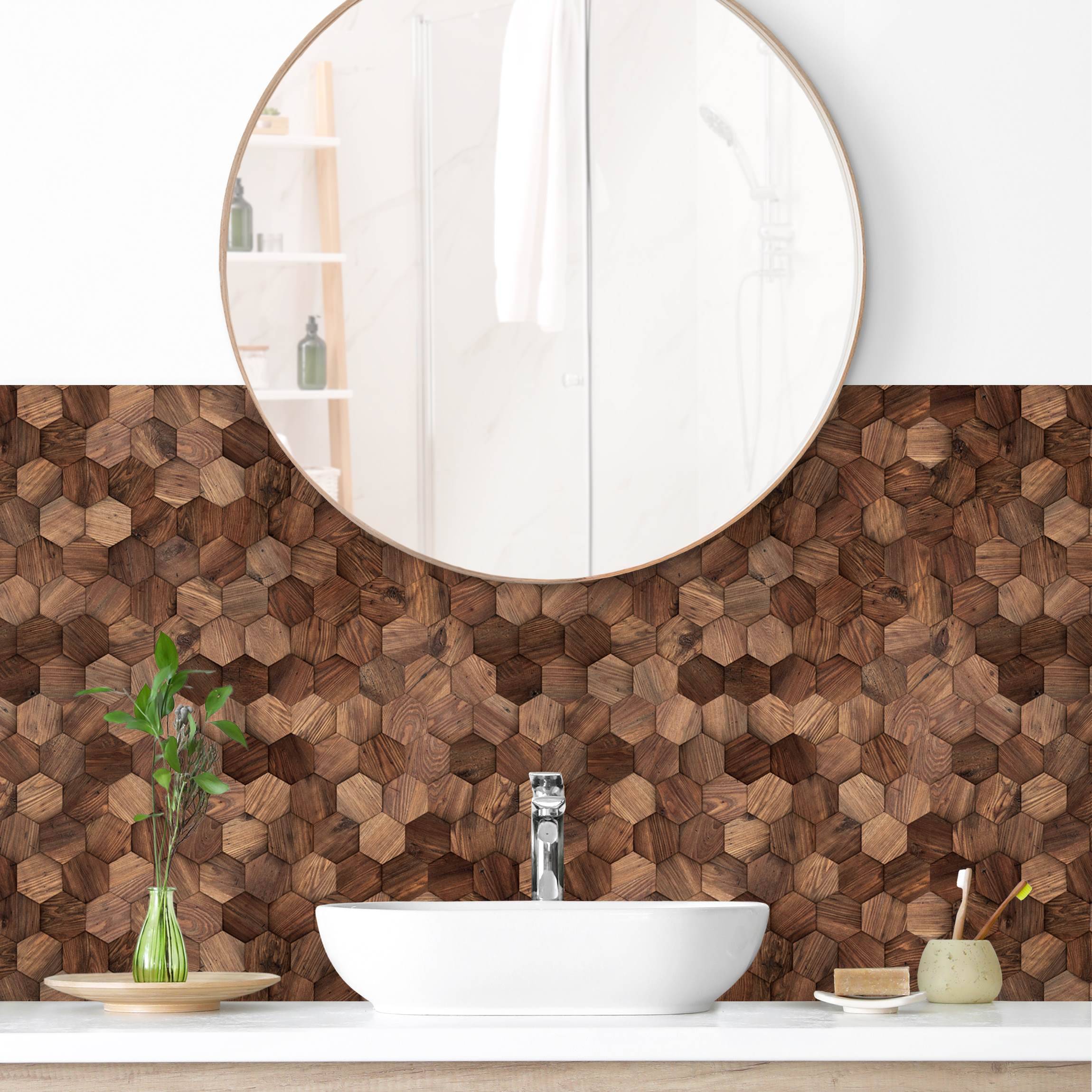 Wandverkleidung Bad Holz Hexagone Muster Akazie