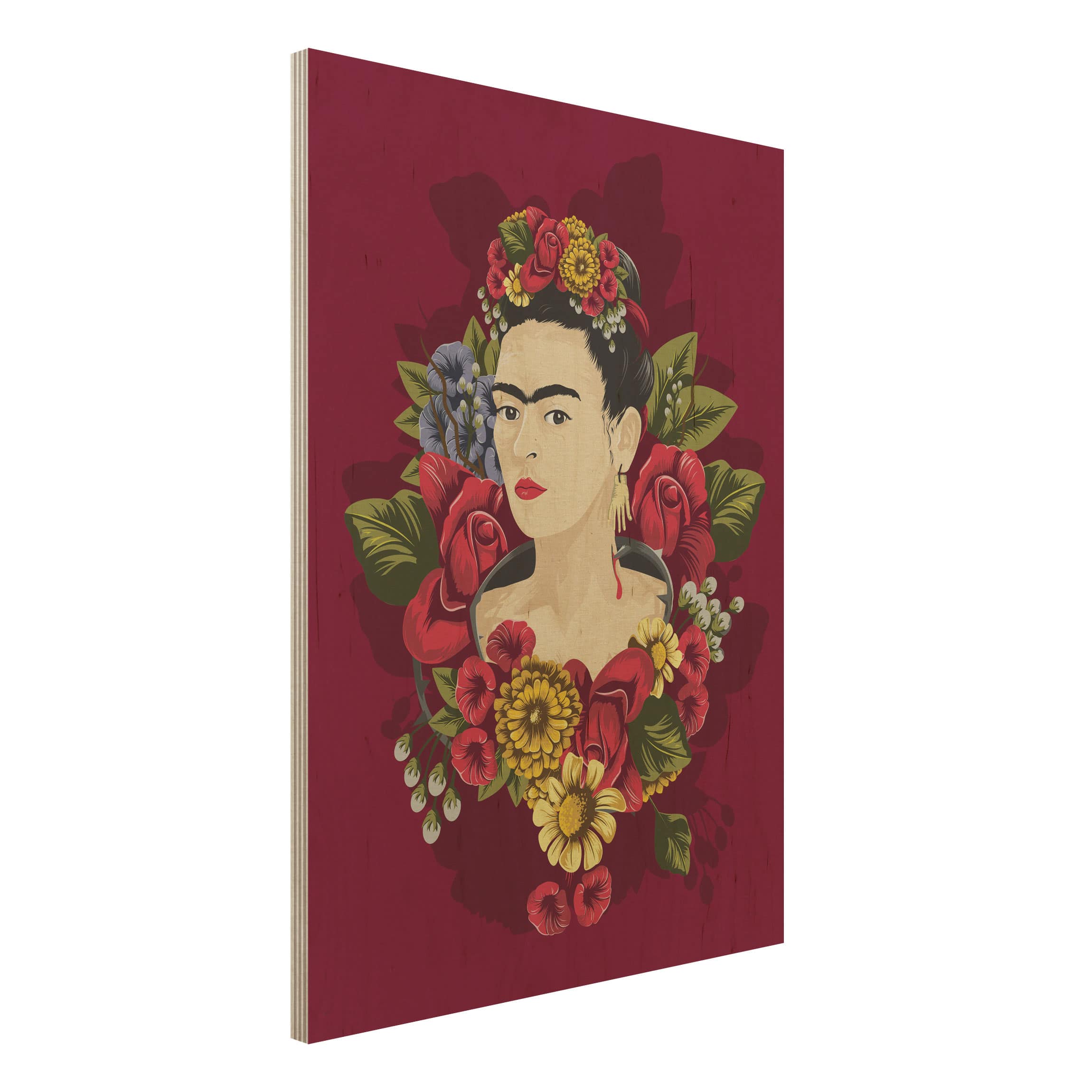 Holzbild - Hochformat 3:4 Frida Kahlo - Rosen