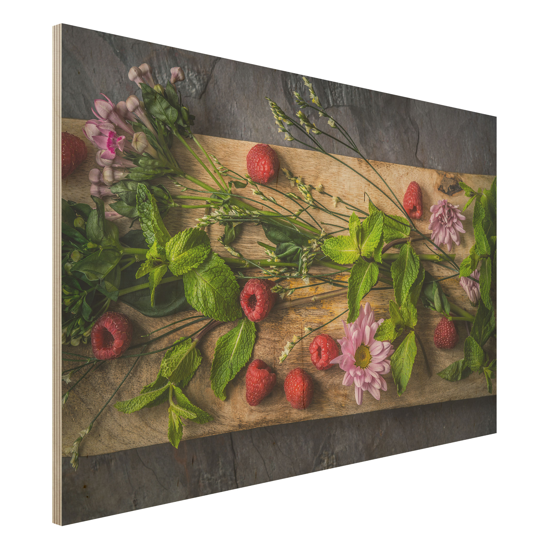 Holzbild Blumen Blumen Himbeeren Minze