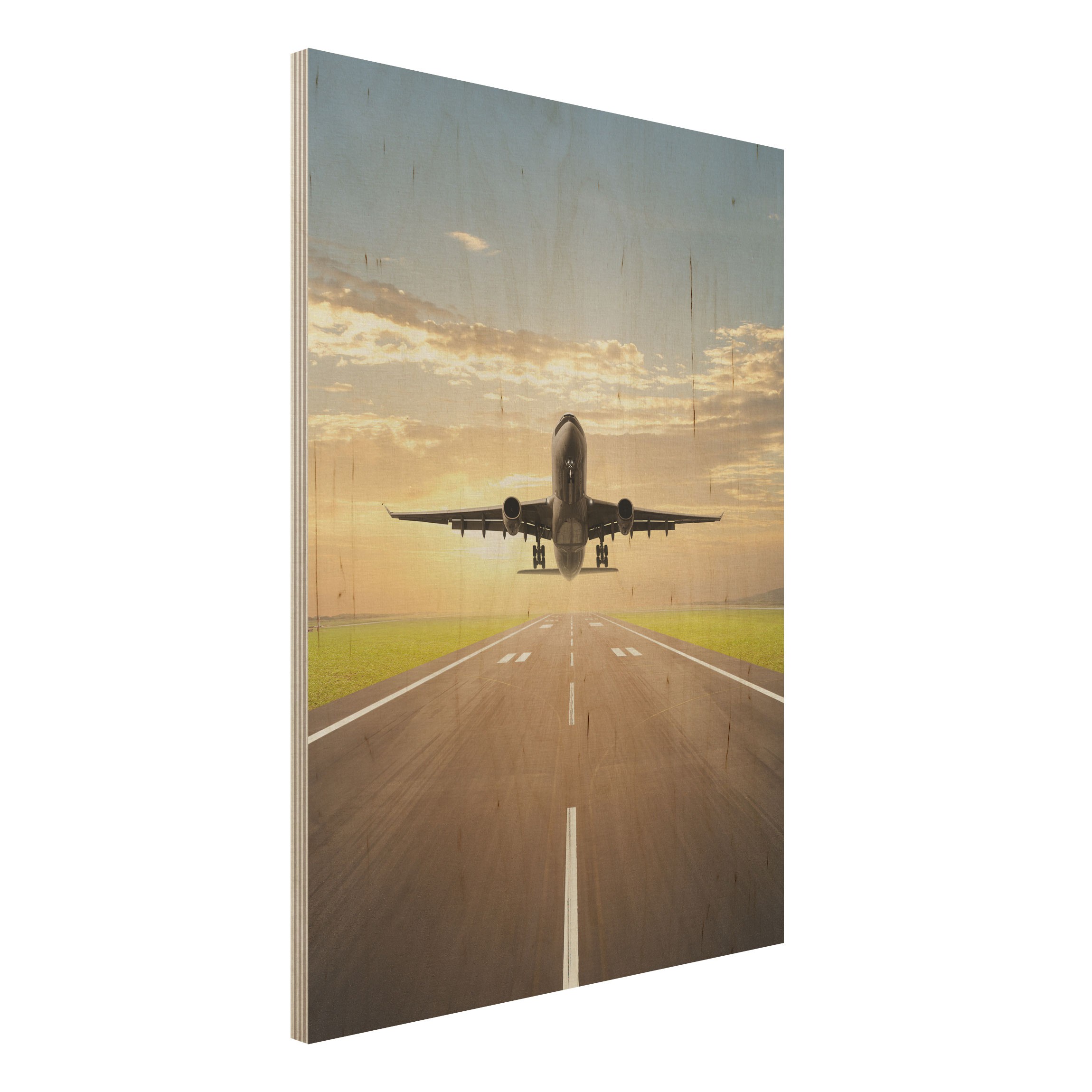Holzbild - Hochformat 3:4 Startendes Flugzeug