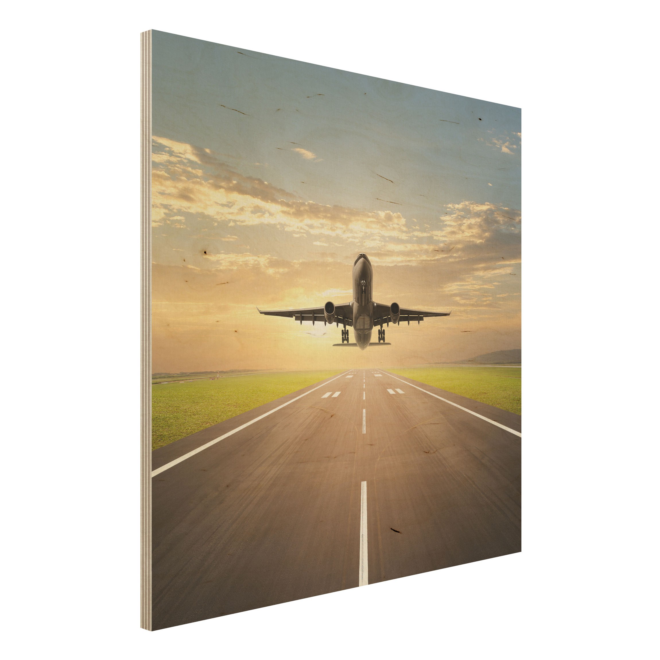 Holzbild - Quadrat Startendes Flugzeug