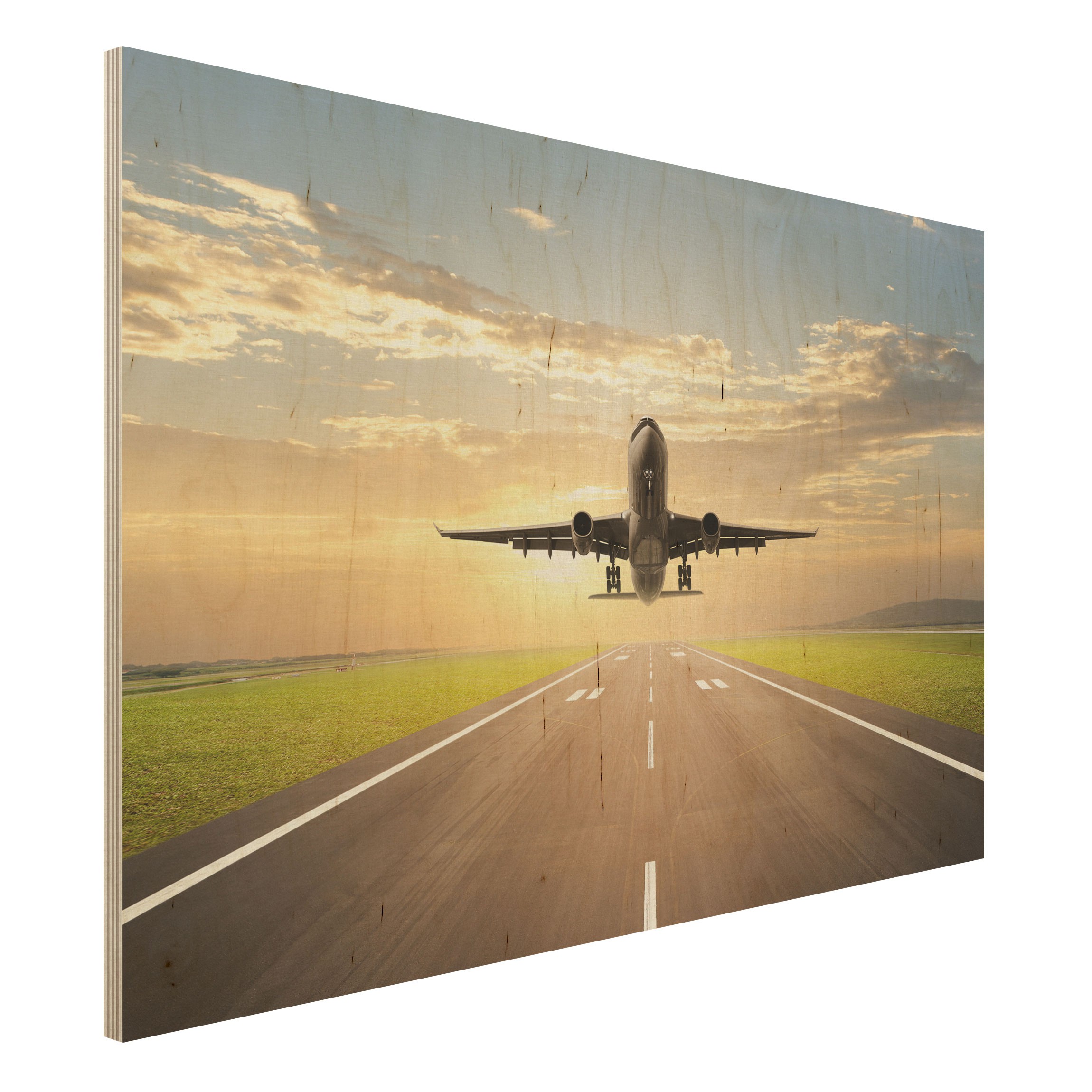 Holzbild - Querformat 3:2 Startendes Flugzeug