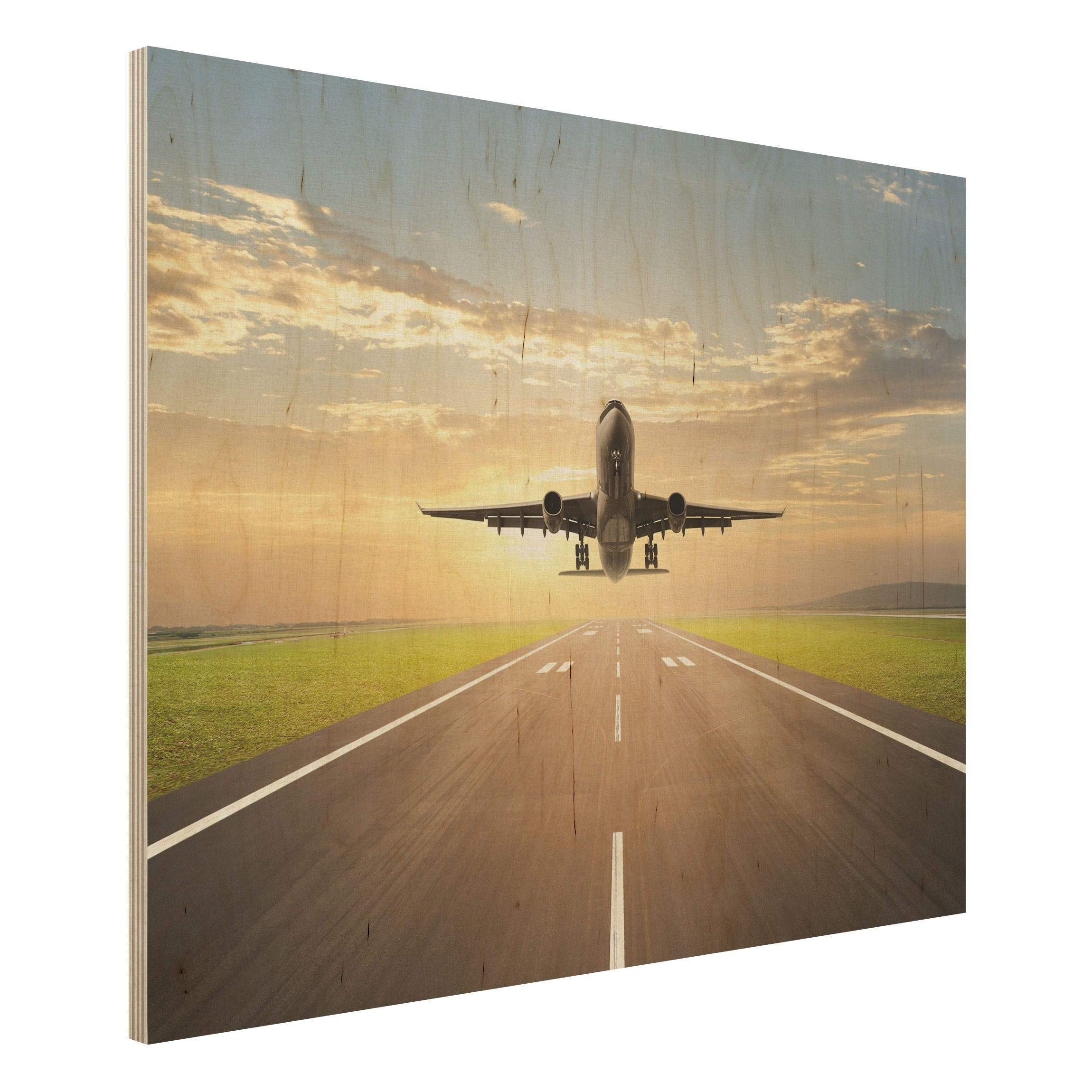 Holzbild - Querformat 4:3 Startendes Flugzeug