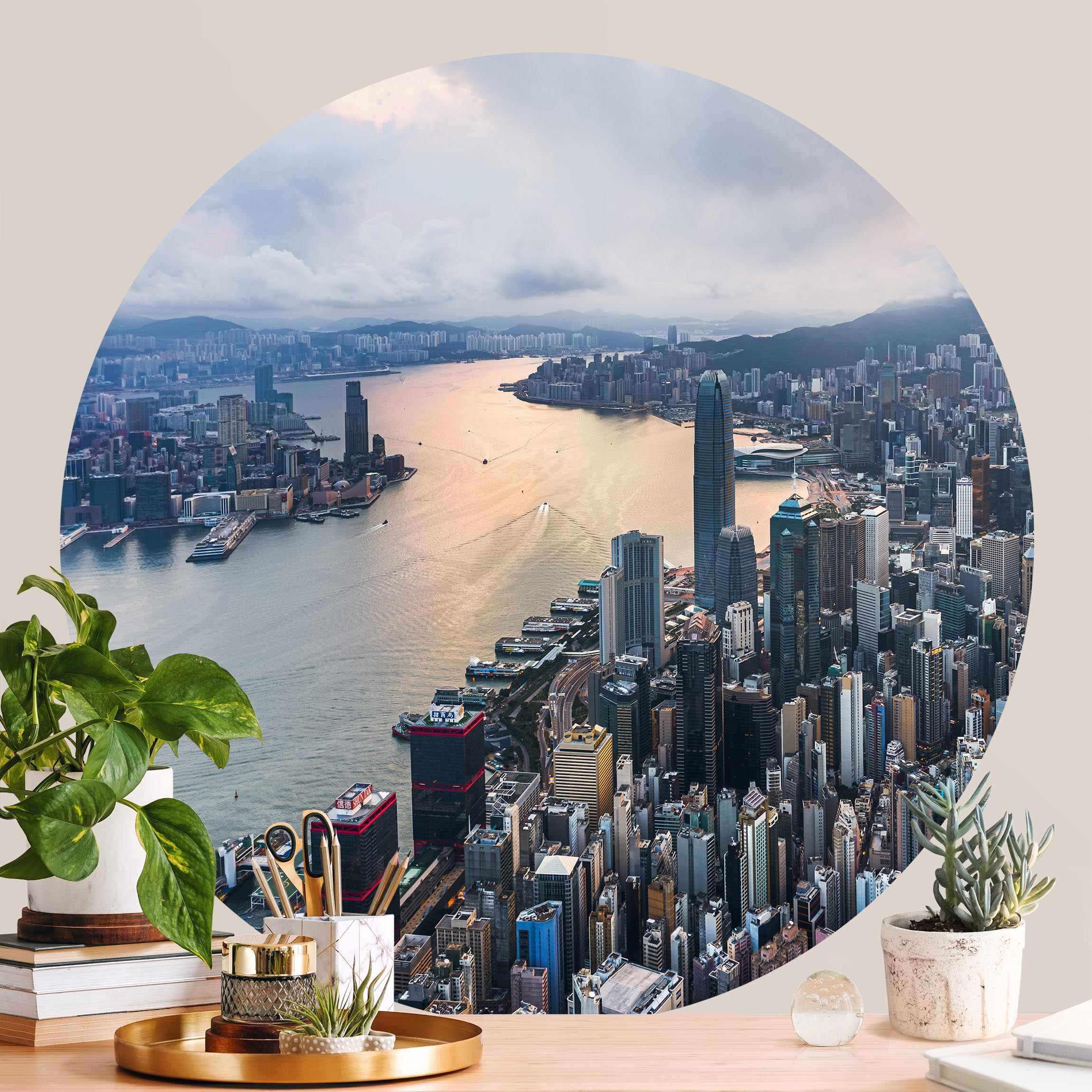 Runde Tapete selbstklebend Hongkong bei Sonnenaufgang