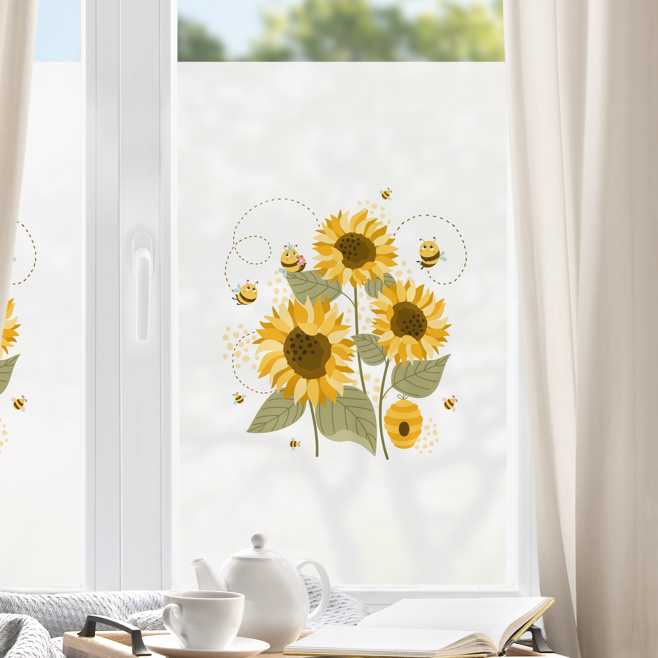 Fensterfolie Honigbienen auf Sonnenblumen