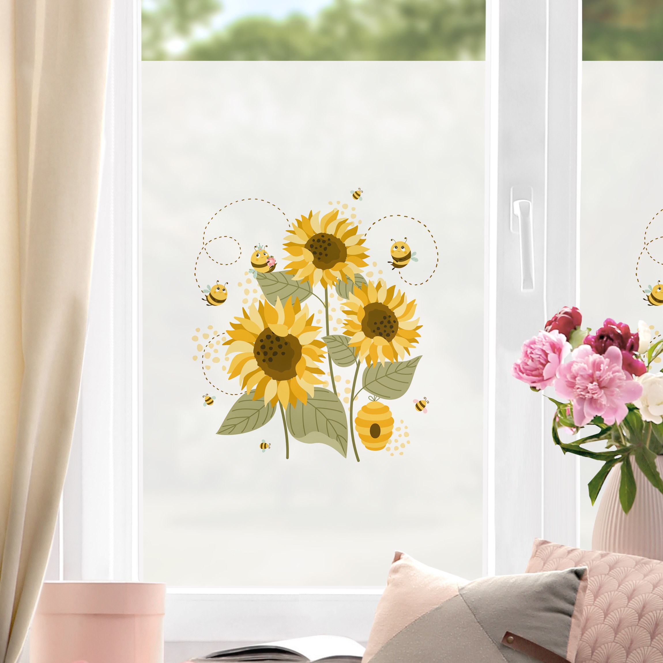 Fensterfolie Honigbienen auf Sonnenblumen