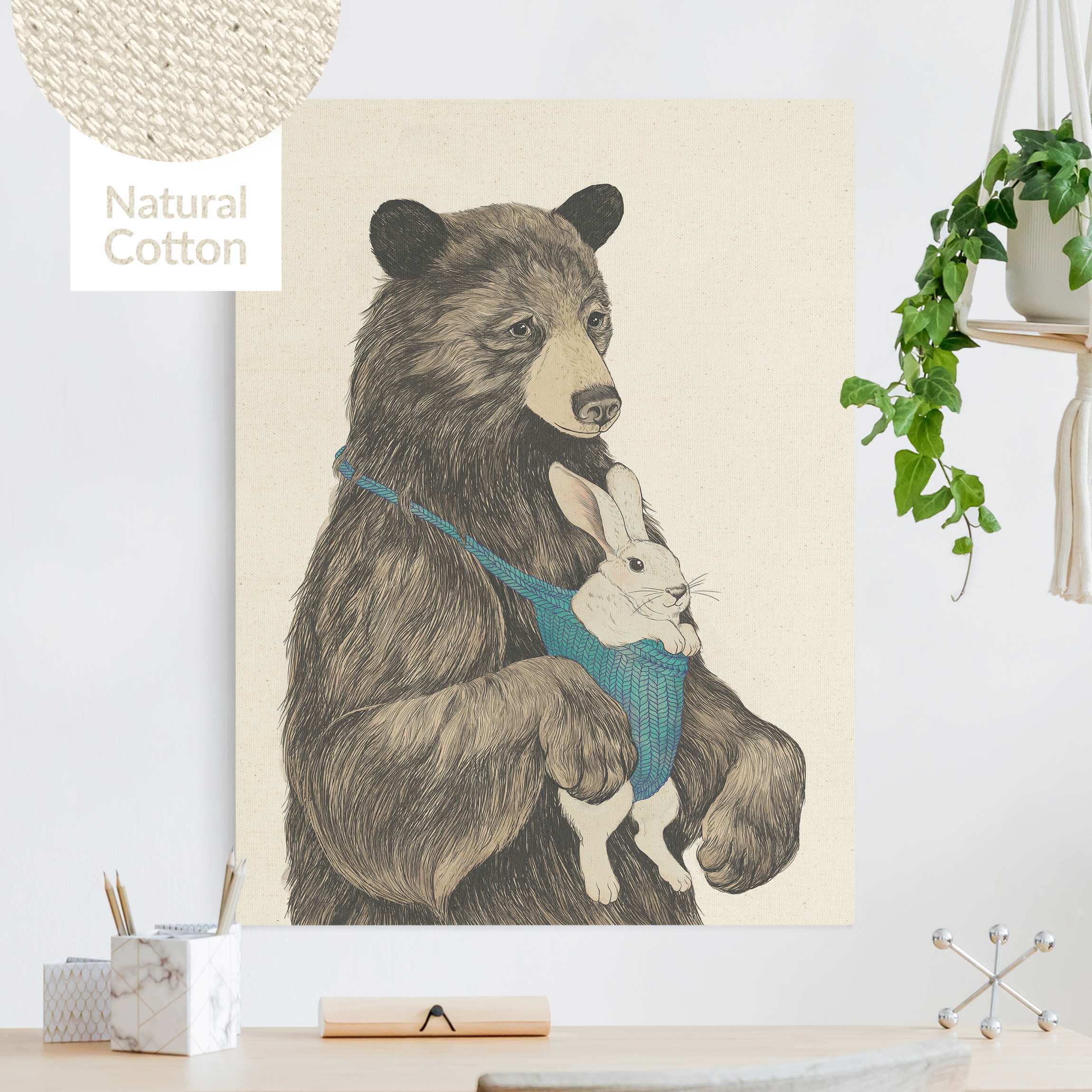 Leinwandbild auf Naturcanvas Illustration Bär und Hase Baby