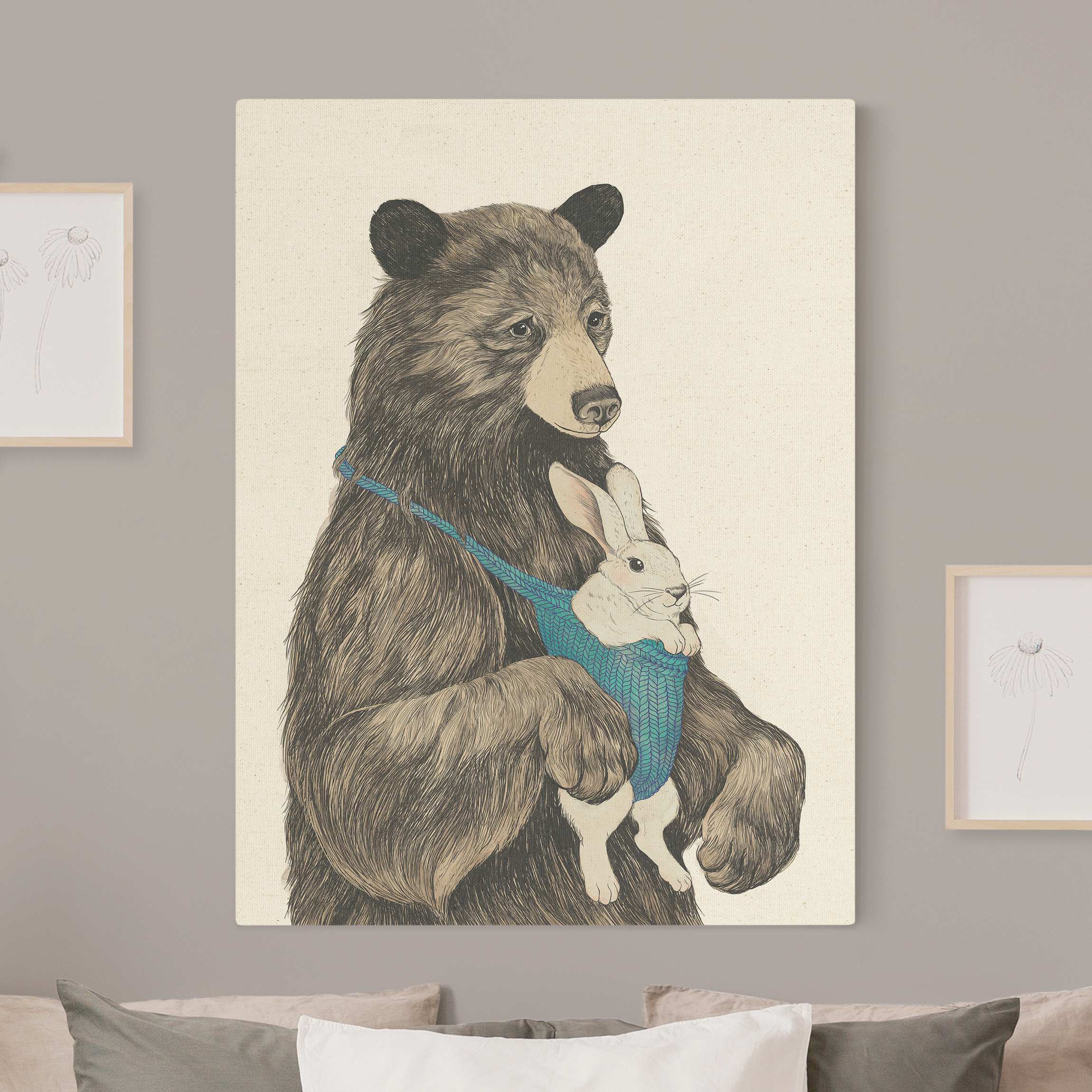 Leinwandbild auf Naturcanvas Illustration Bär und Hase Baby