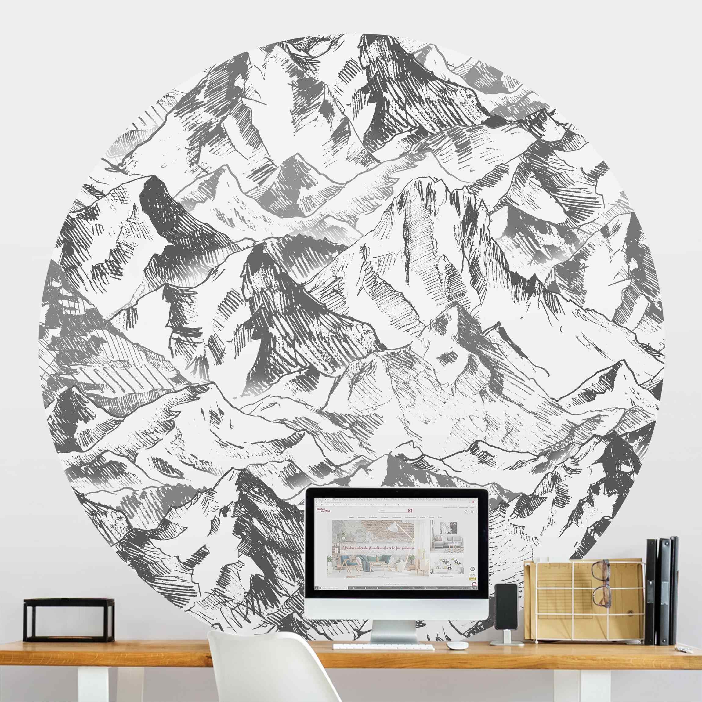 Runde Tapete selbstklebend Illustration Berglandschaft Grau