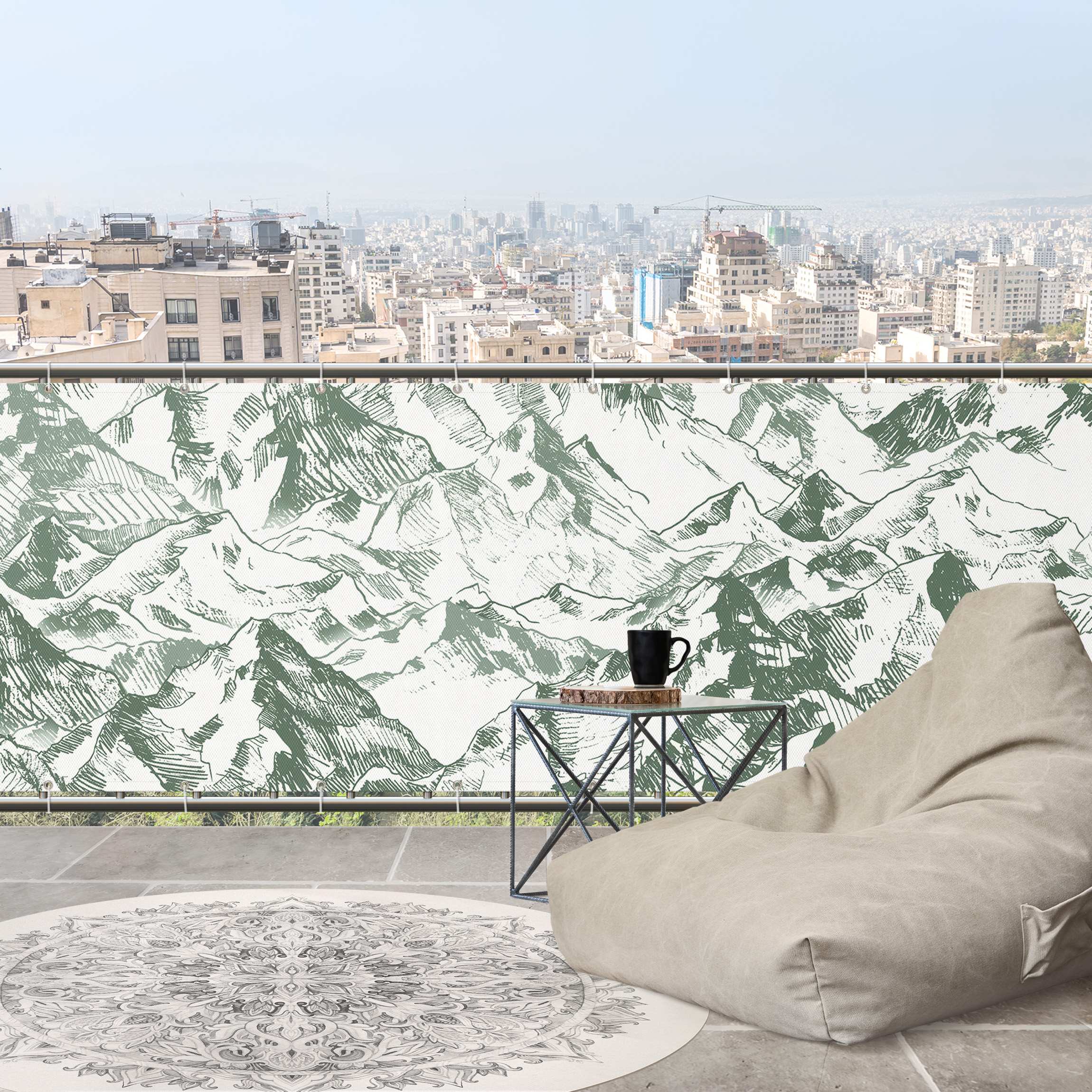 Balkon Sichtschutz Illustration Berglandschaft Grün