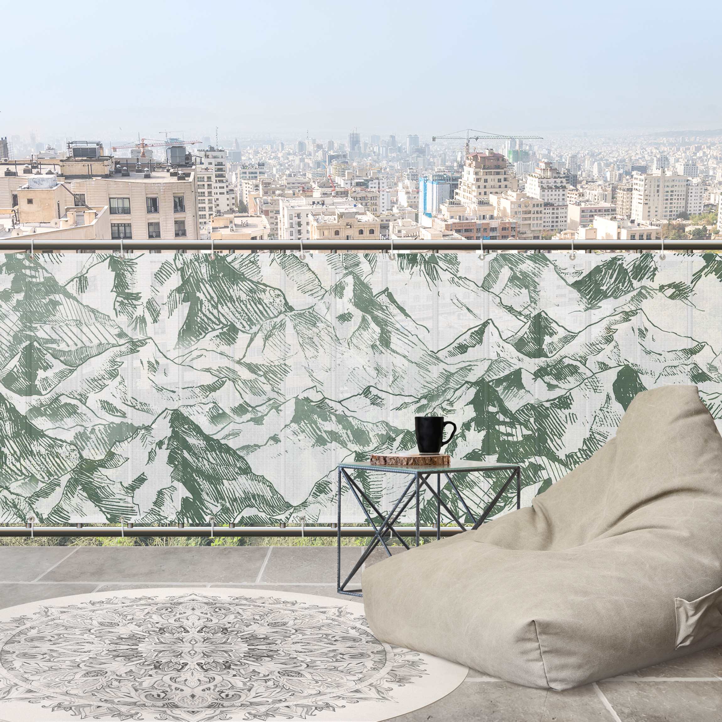Balkon Sichtschutz Illustration Berglandschaft Grün