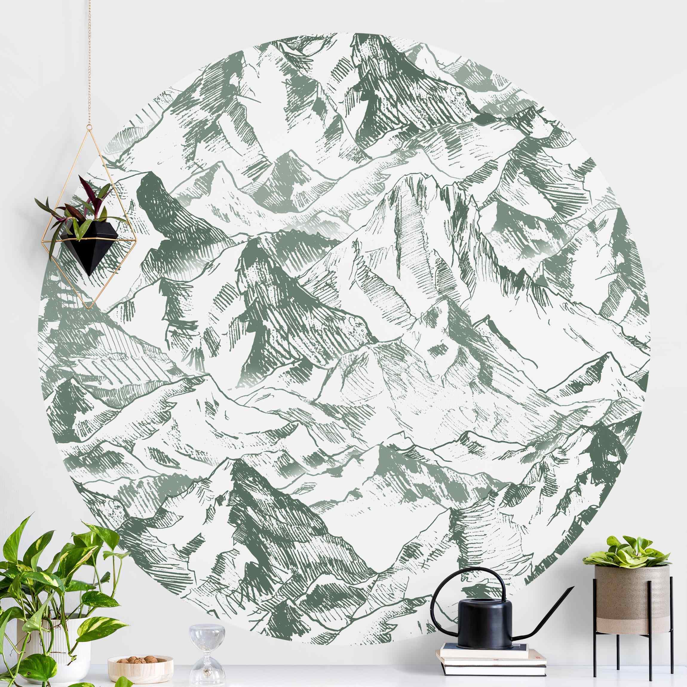 Runde Tapete selbstklebend Illustration Berglandschaft Grün