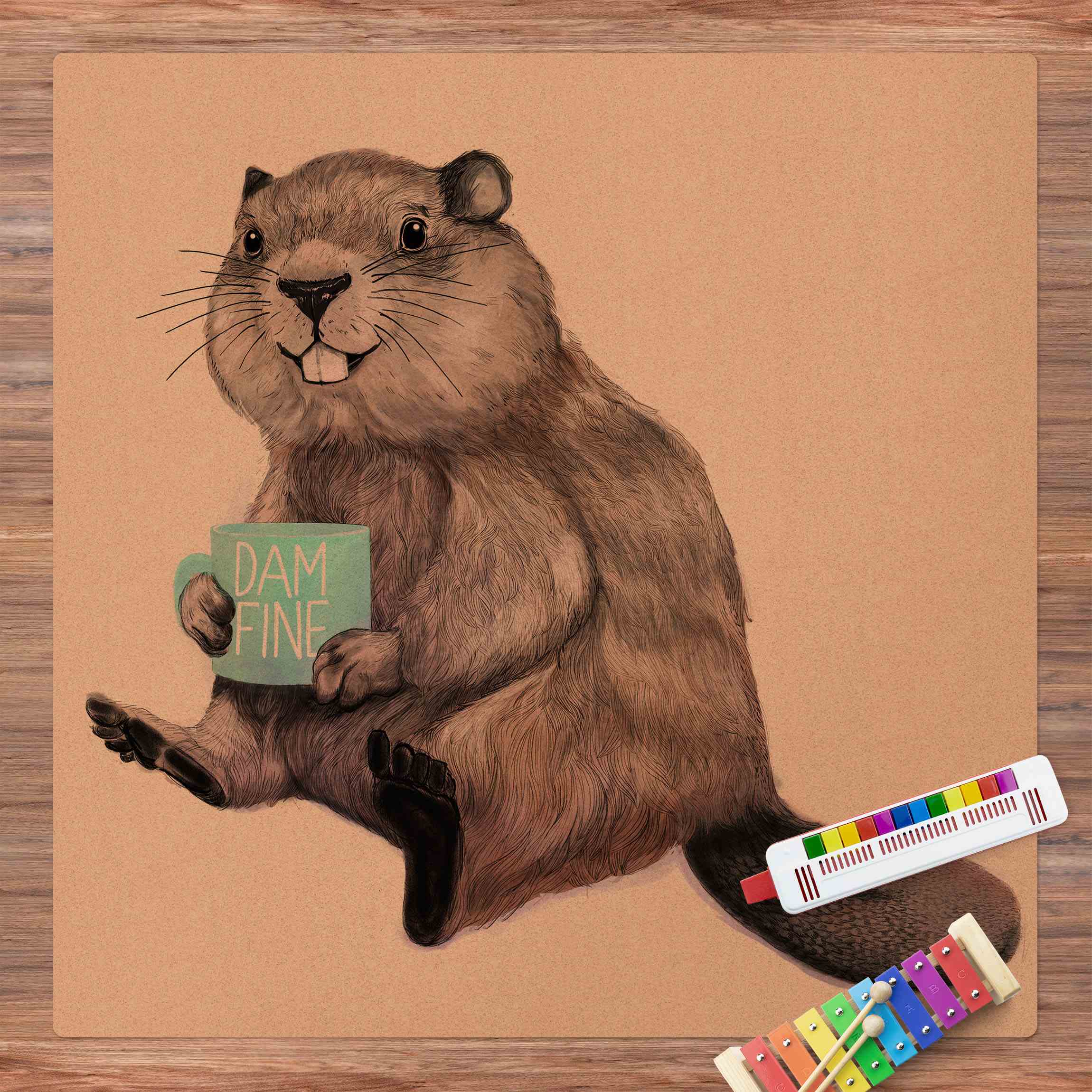 Kork-Teppich Illustration Biber mit Kaffeetasse