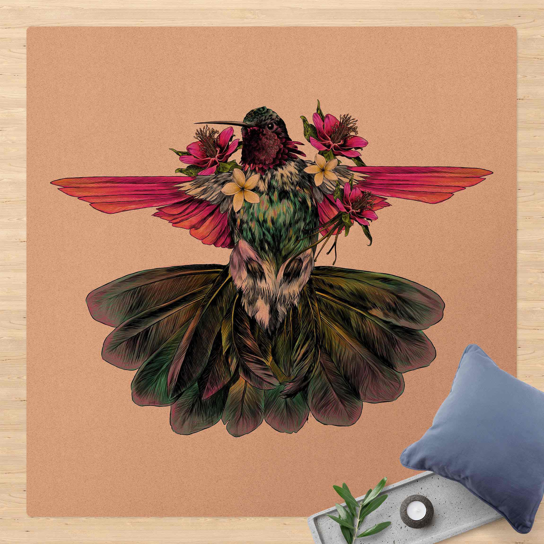 Kork-Teppich Illustration floraler Kolibri