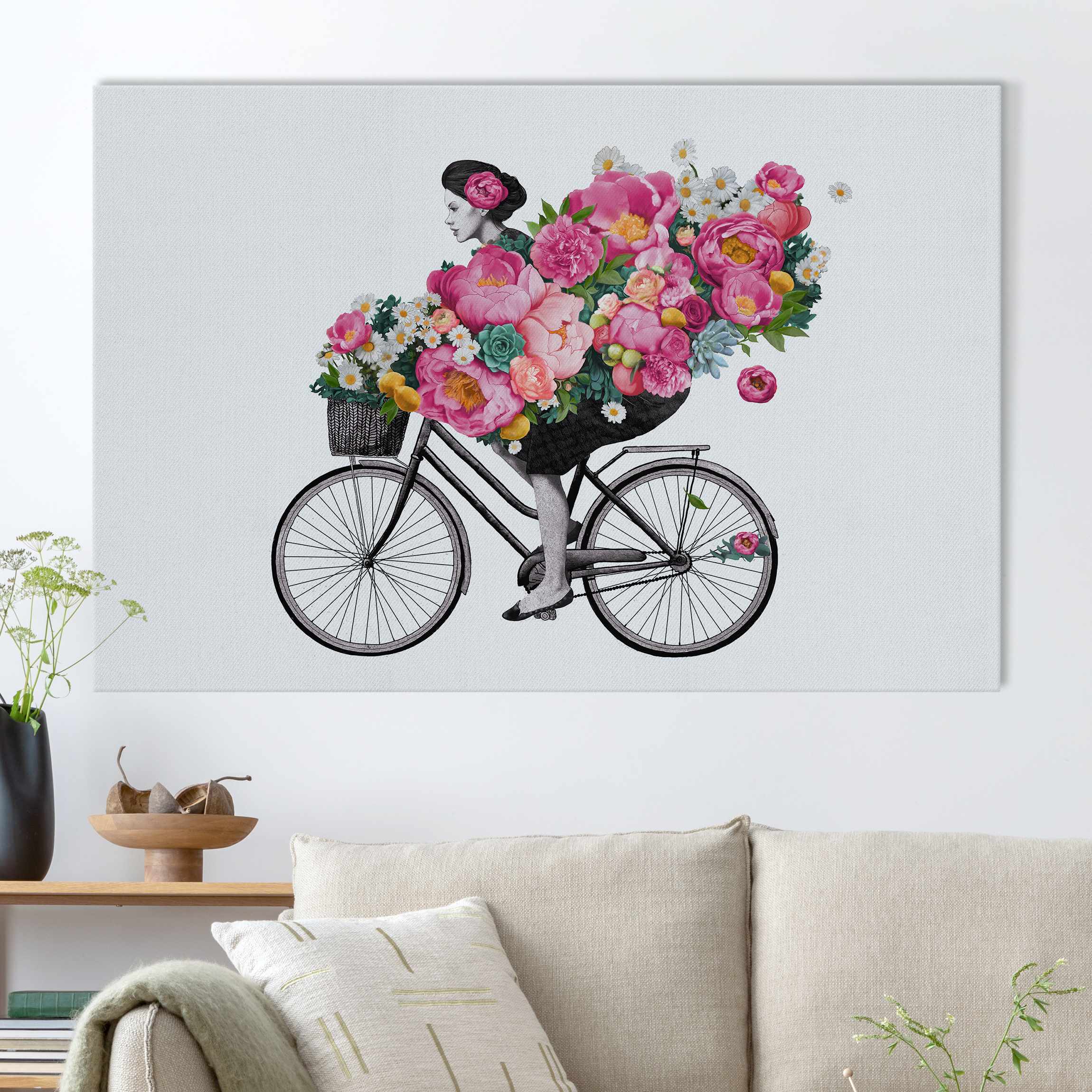 Akustikbild Illustration Frau auf Fahrrad Collage bunte Blumen
