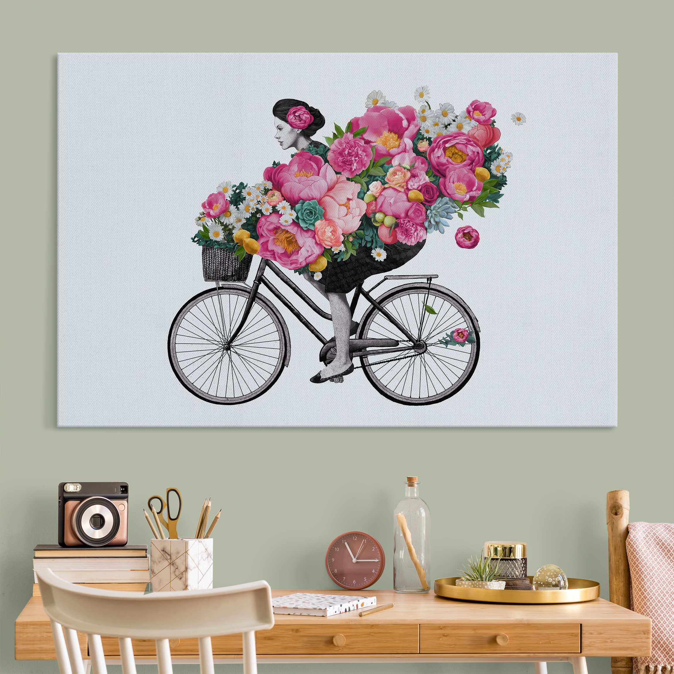 Akustikbild Illustration Frau auf Fahrrad Collage bunte Blumen