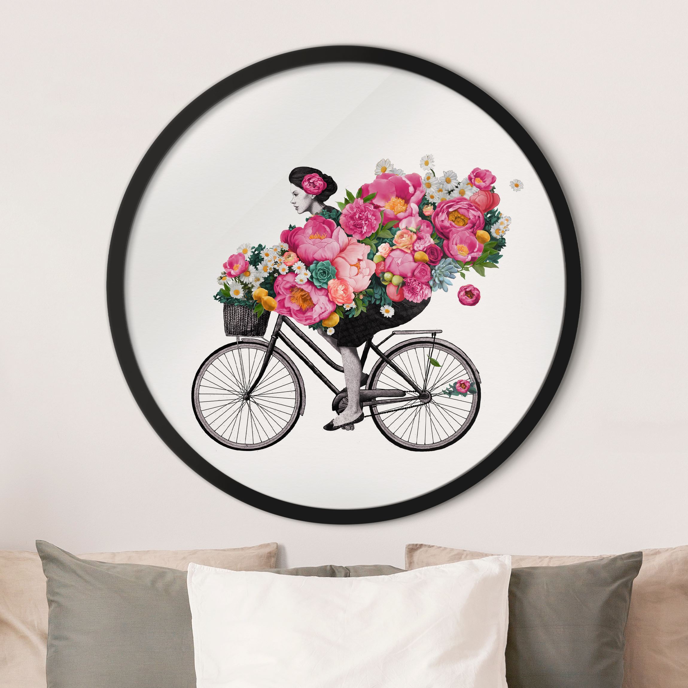 Rundes Bild mit Rahmen Illustration Frau auf Fahrrad Collage bunte Blumen