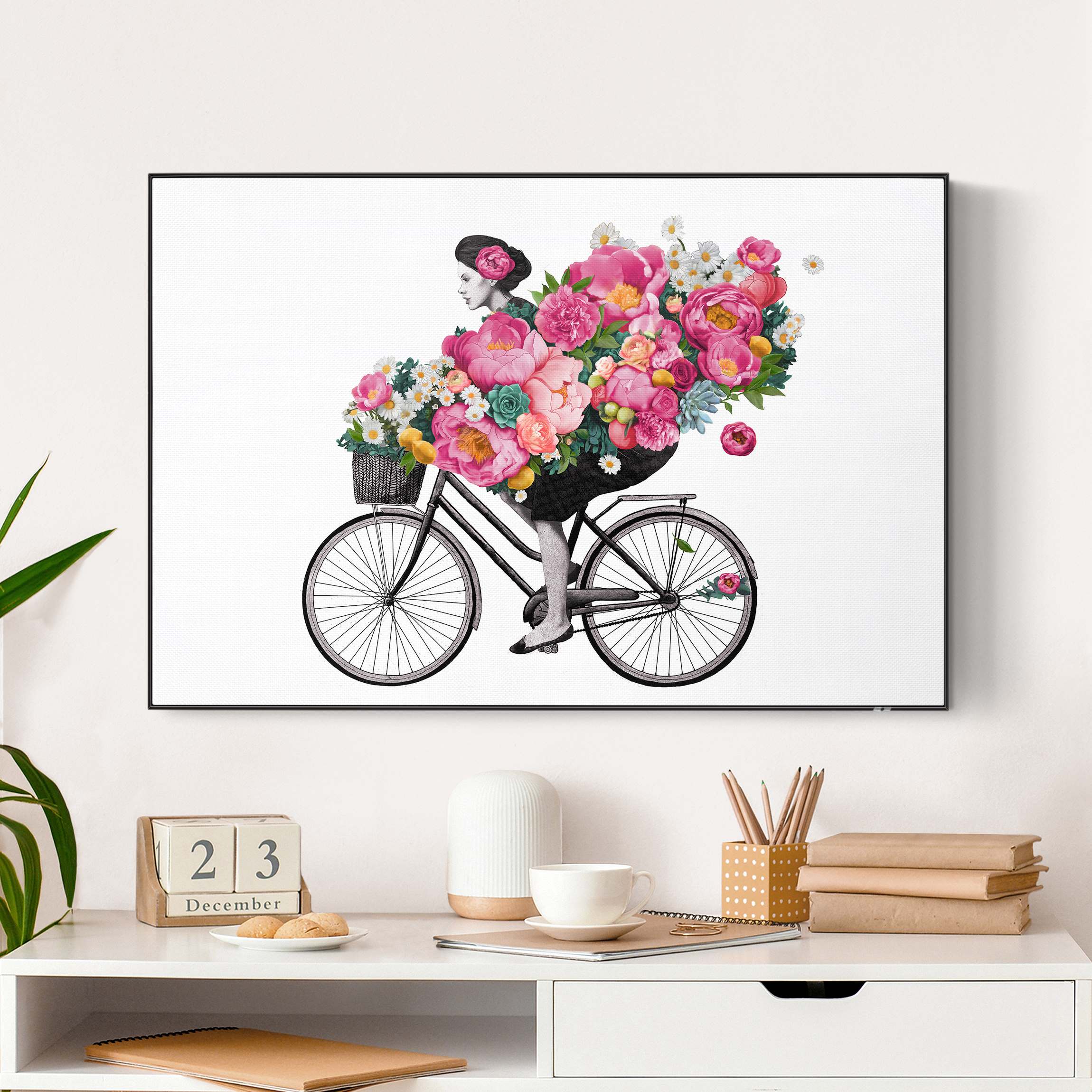 Akustik-Wechselbild Illustration Frau auf Fahrrad Collage bunte Blumen