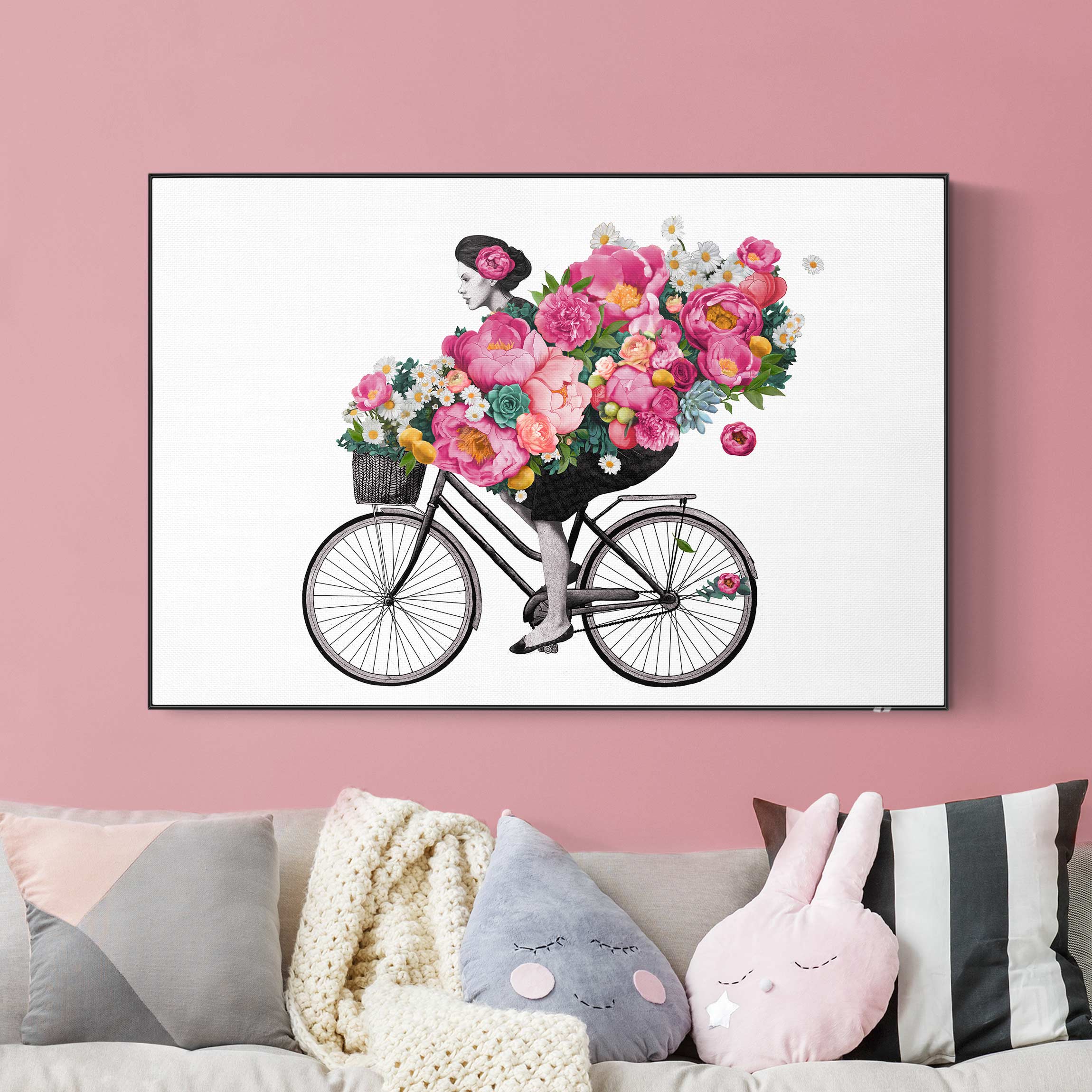Akustik-Wechselbild Illustration Frau auf Fahrrad Collage bunte Blumen