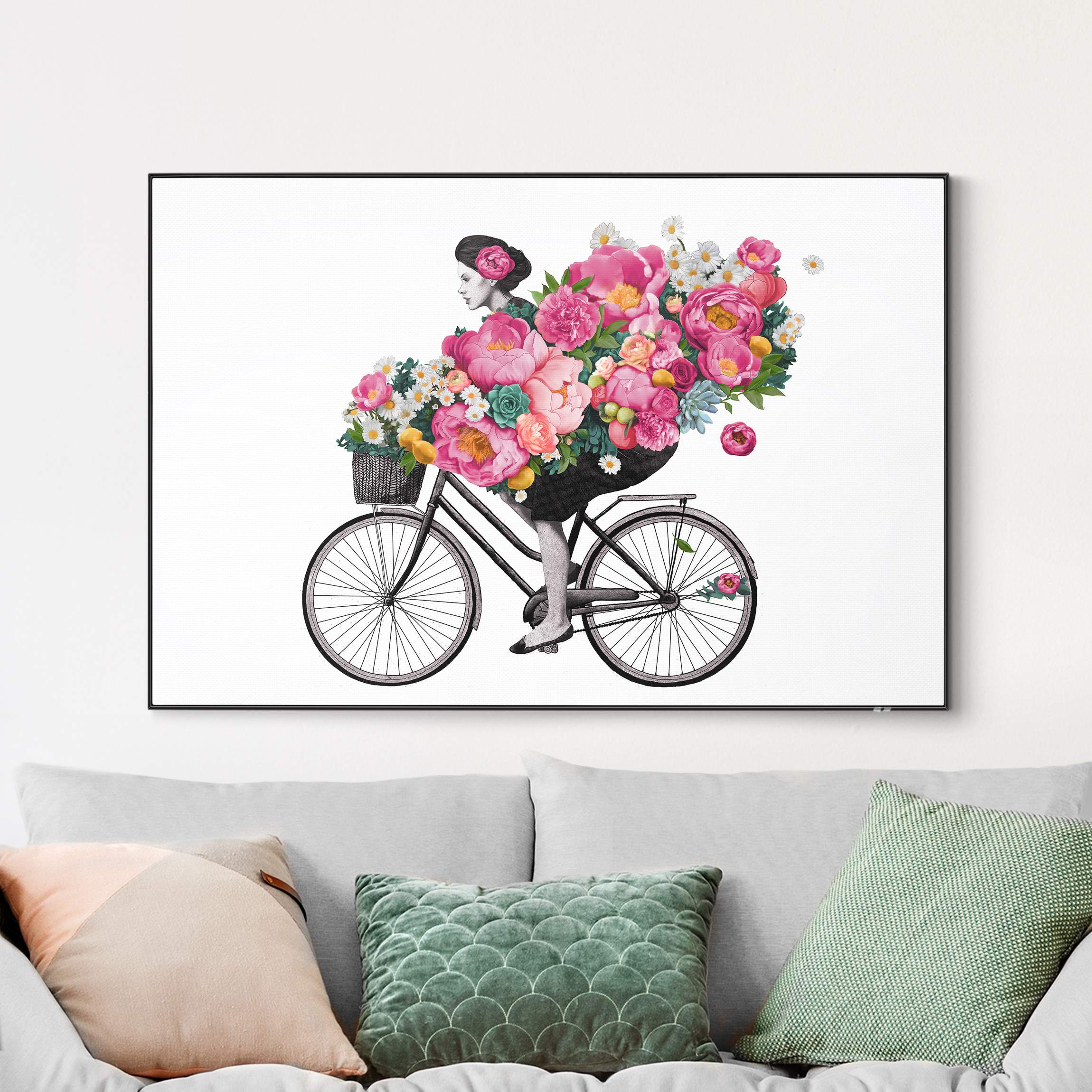 Wechselbild Illustration Frau auf Fahrrad Collage bunte Blumen
