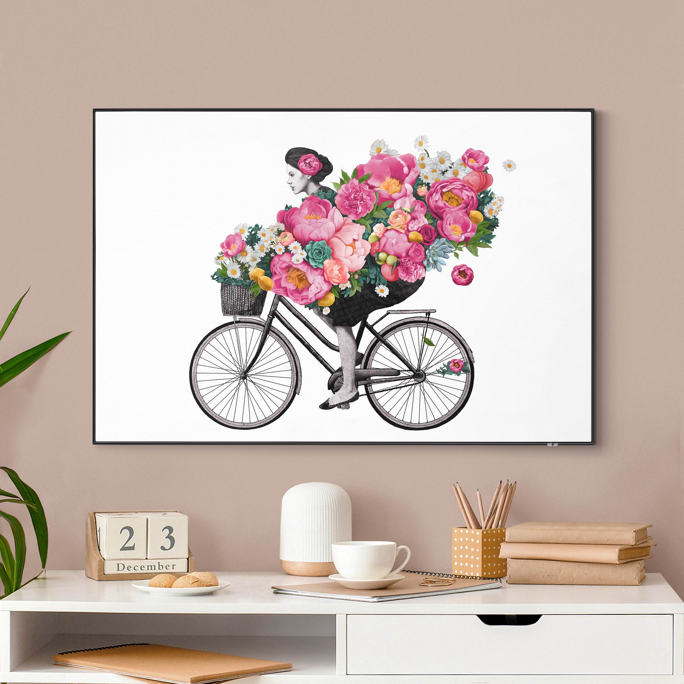 Wechselbild Illustration Frau auf Fahrrad Collage bunte Blumen
