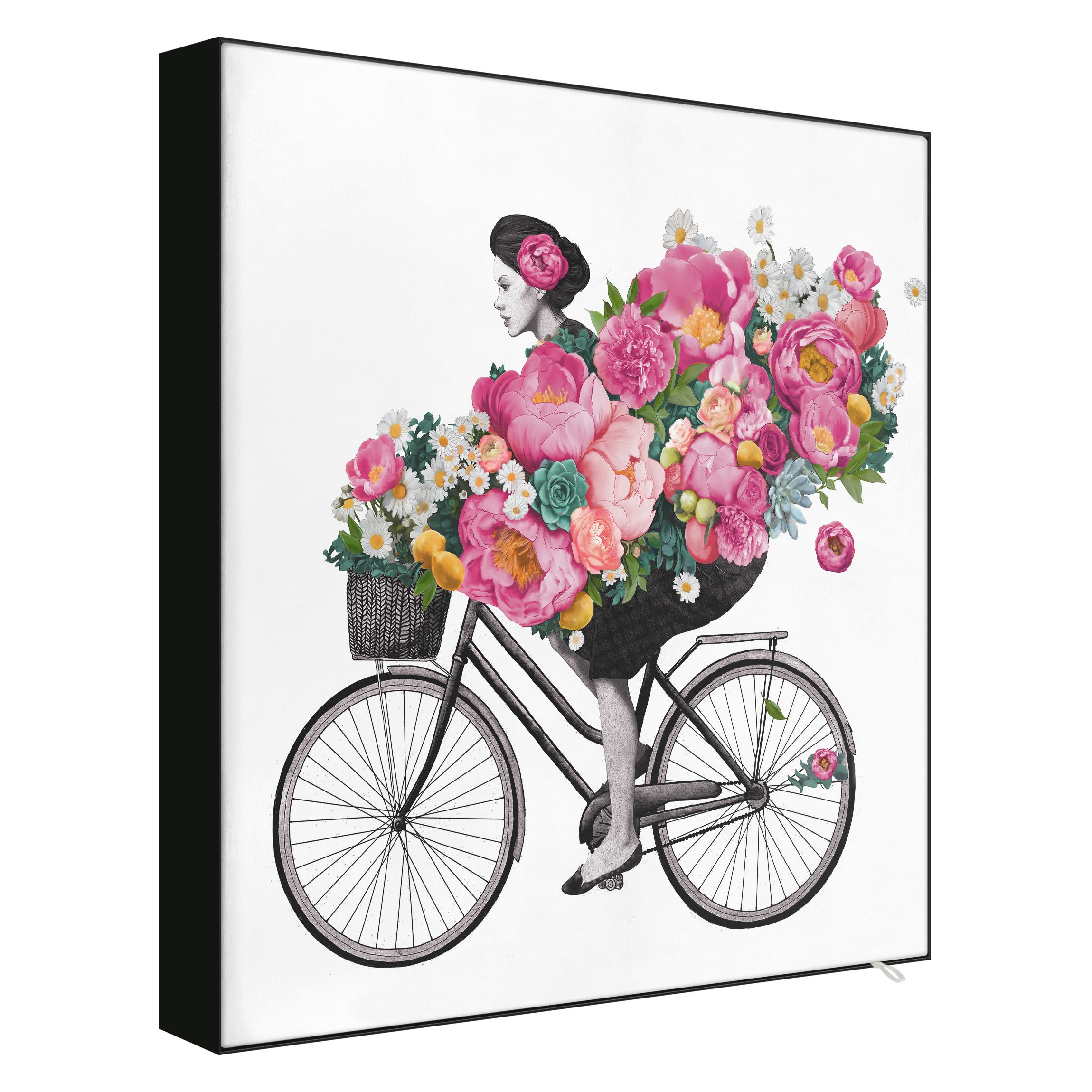 Wechselbild Illustration Frau auf Fahrrad Collage bunte Blumen
