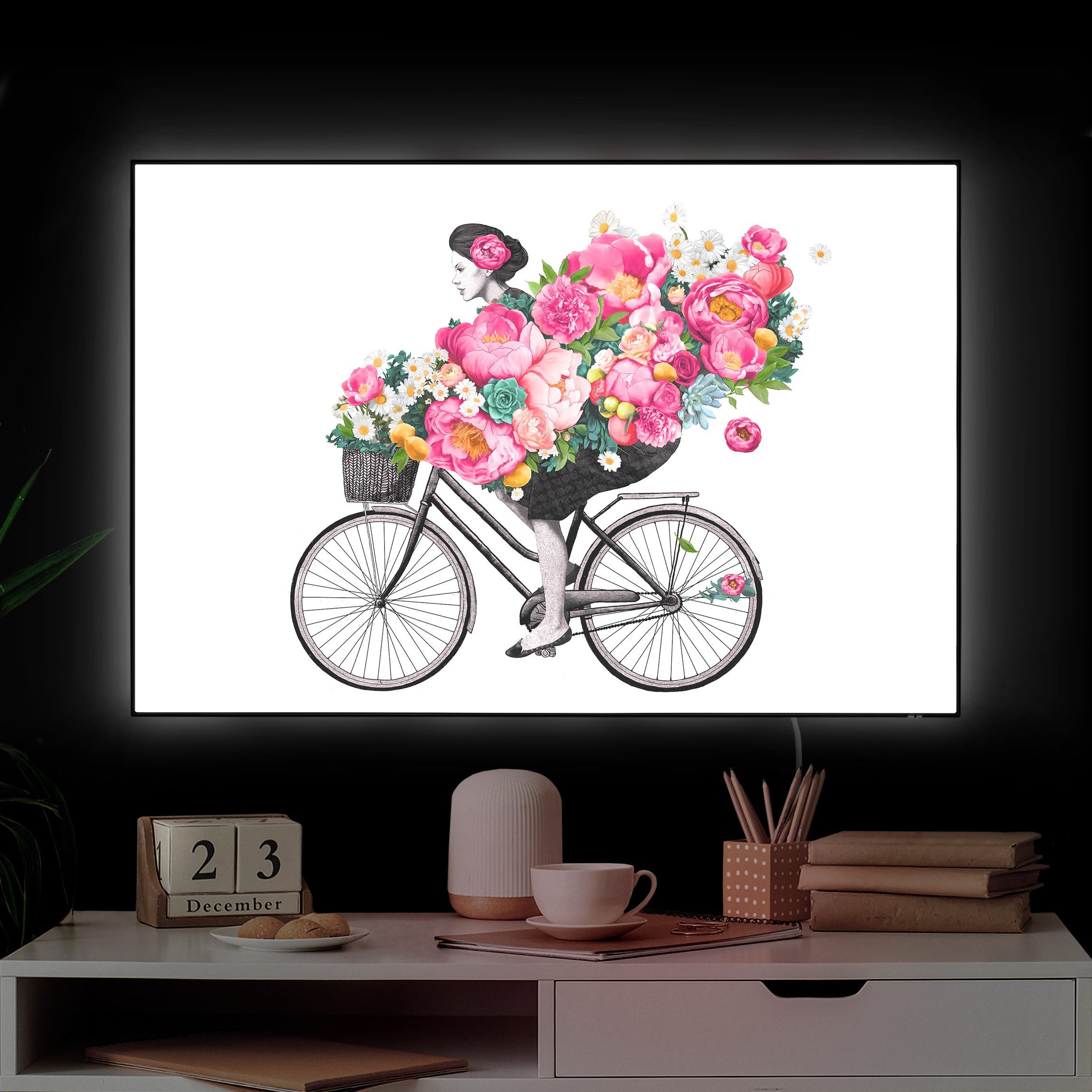 LED-Wechselbild Illustration Frau auf Fahrrad Collage bunte Blumen