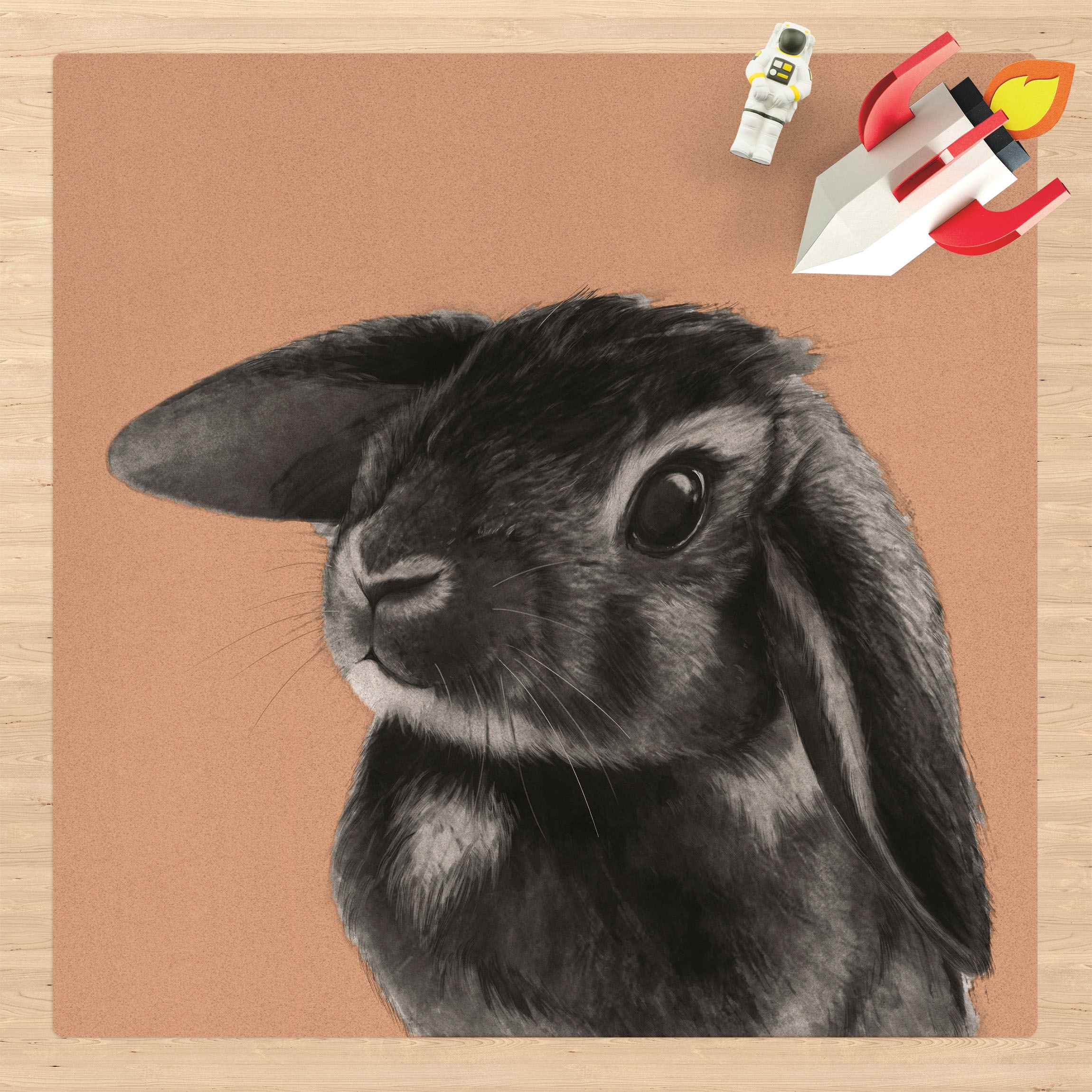 Kork-Teppich Illustration Hase Schwarz Weiß Zeichnung