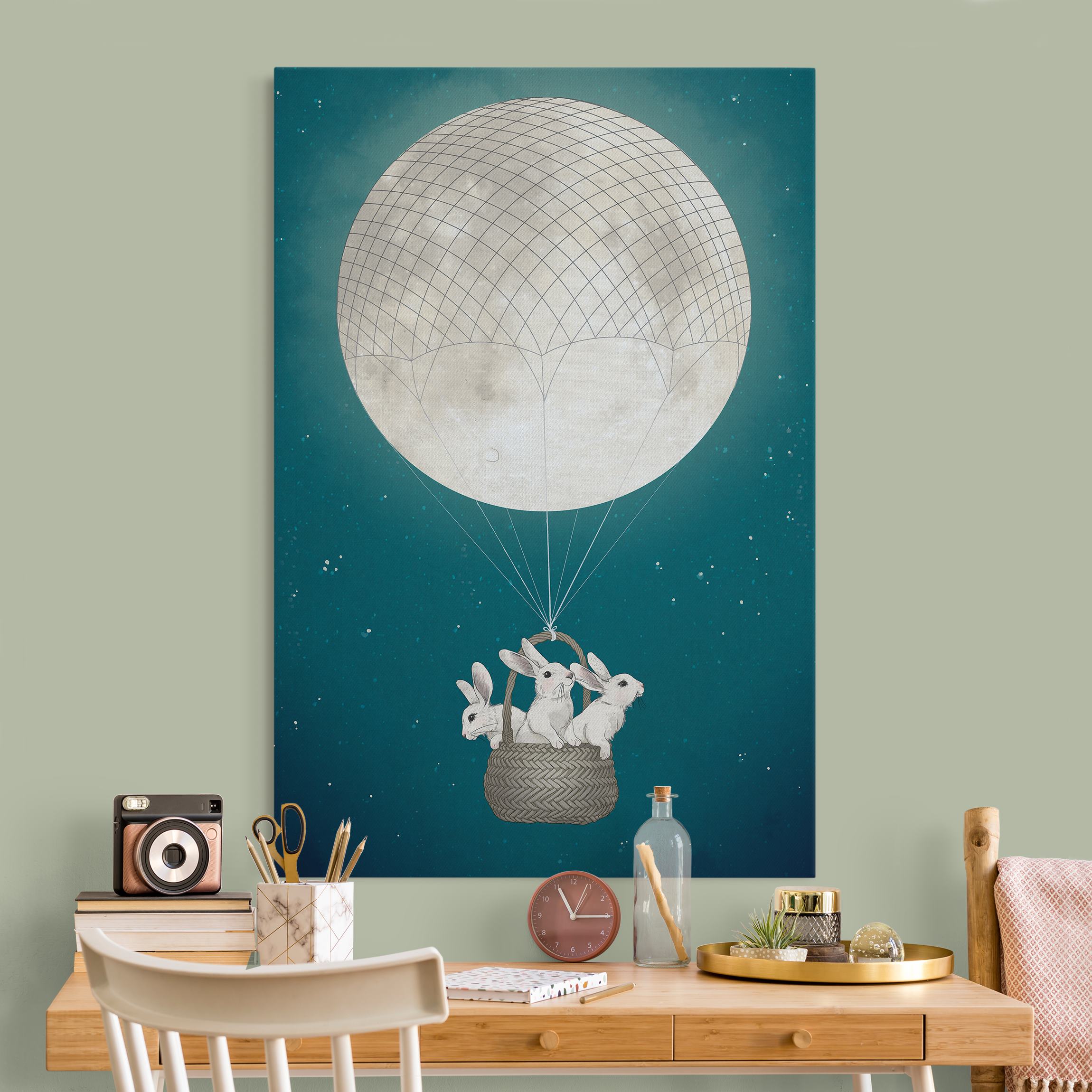Akustikbild Illustration Hasen Mond-Heißluftballon Sternenhimmel
