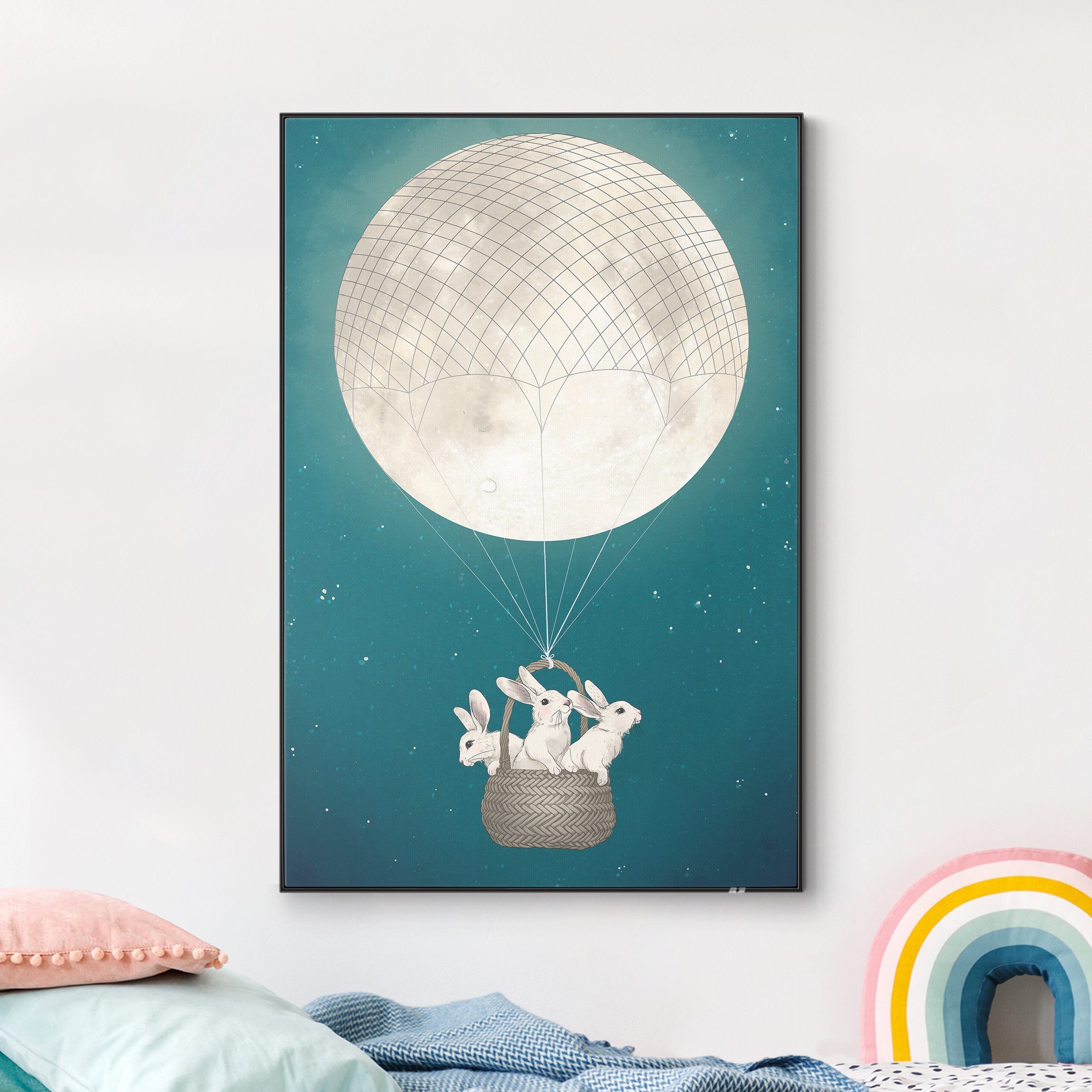 Wechselbild Illustration Hasen Mond-Heißluftballon Sternenhimmel