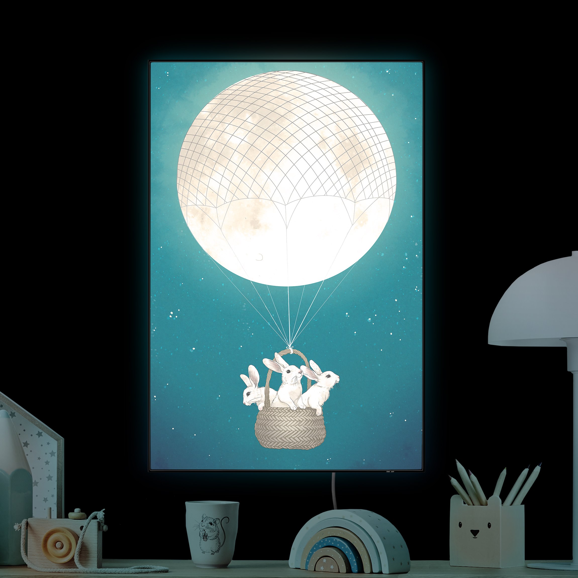 LED-Wechselbild Illustration Hasen Mond-Heißluftballon Sternenhimmel
