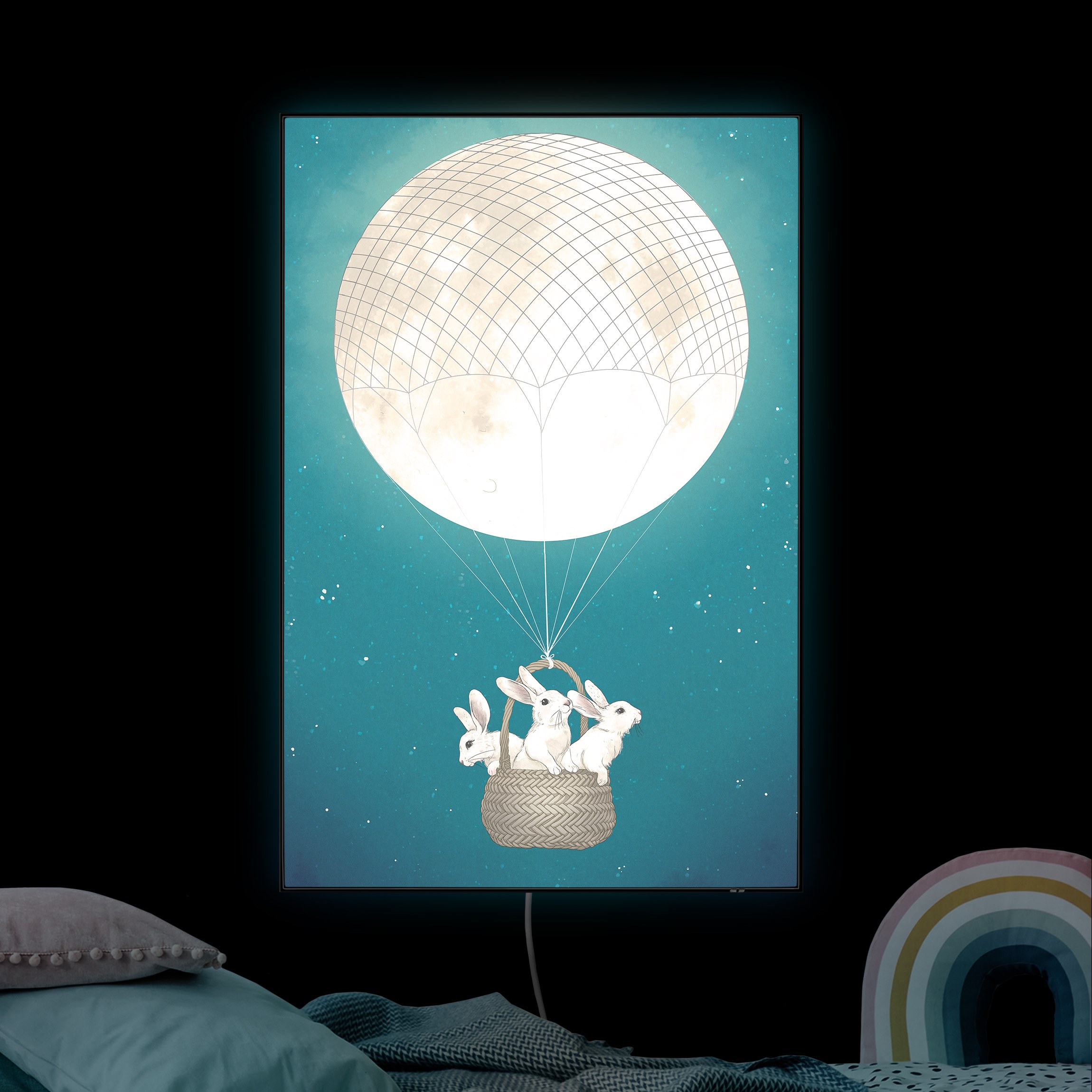 LED-Wechselbild Illustration Hasen Mond-Heißluftballon Sternenhimmel