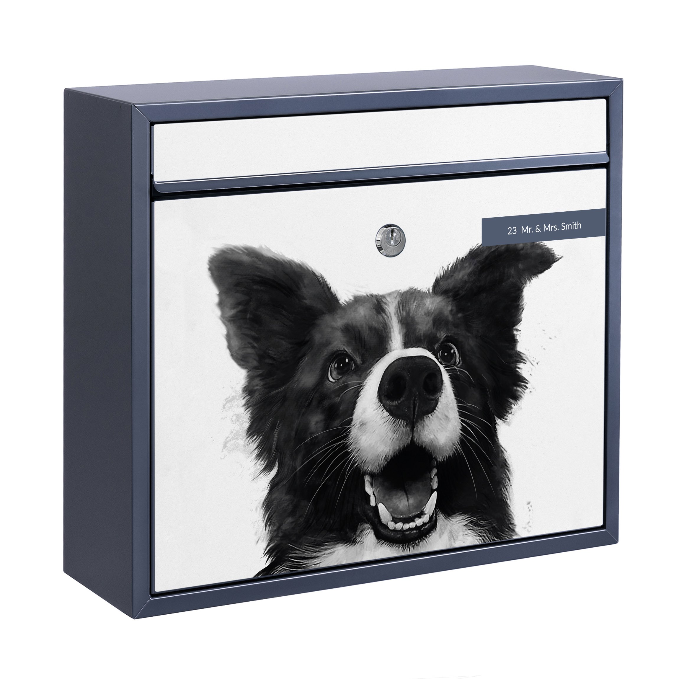 Briefkasten mit eigenem Text Illustration Hund Border Collie Schwarz Weiß Malerei