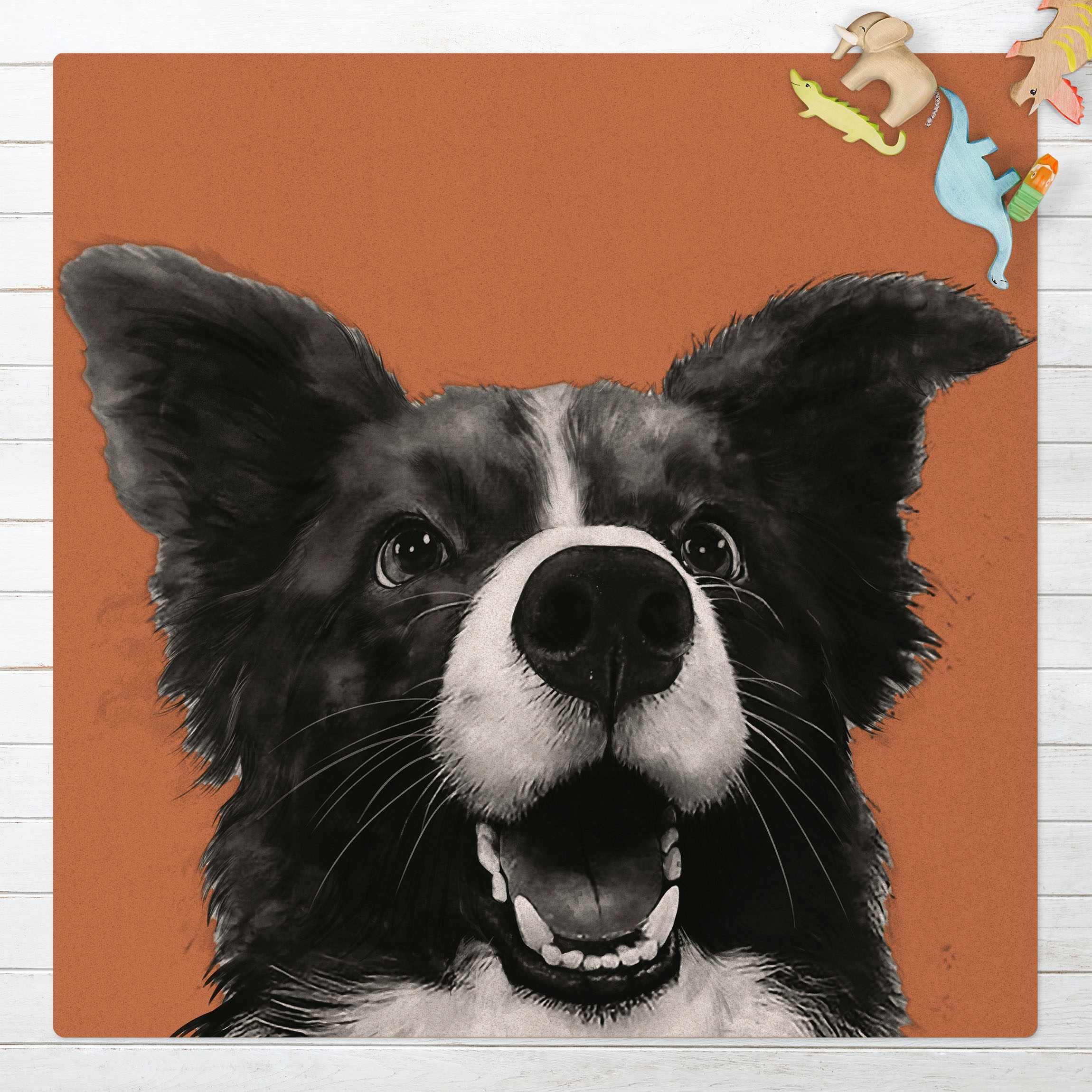 Kork-Teppich Illustration Hund Border Collie Schwarz Weiß Malerei