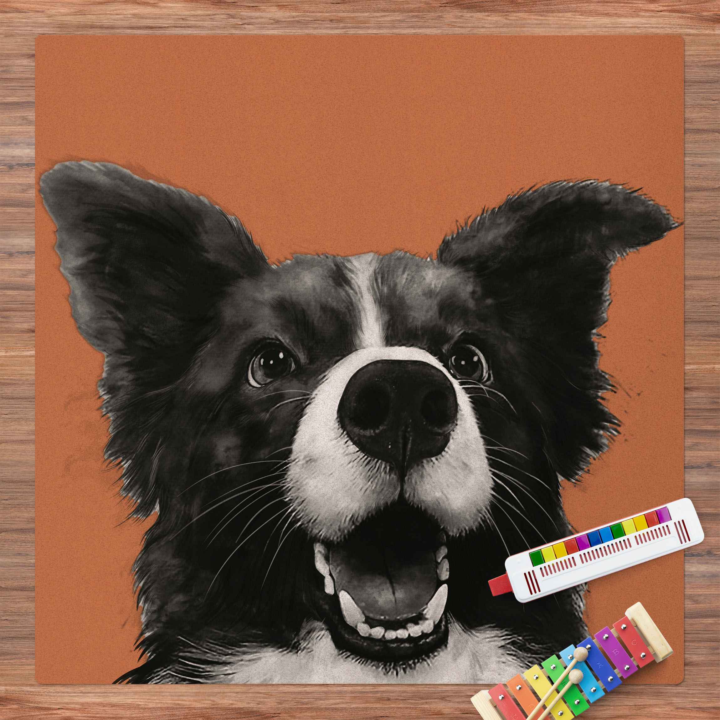Kork-Teppich Illustration Hund Border Collie Schwarz Weiß Malerei