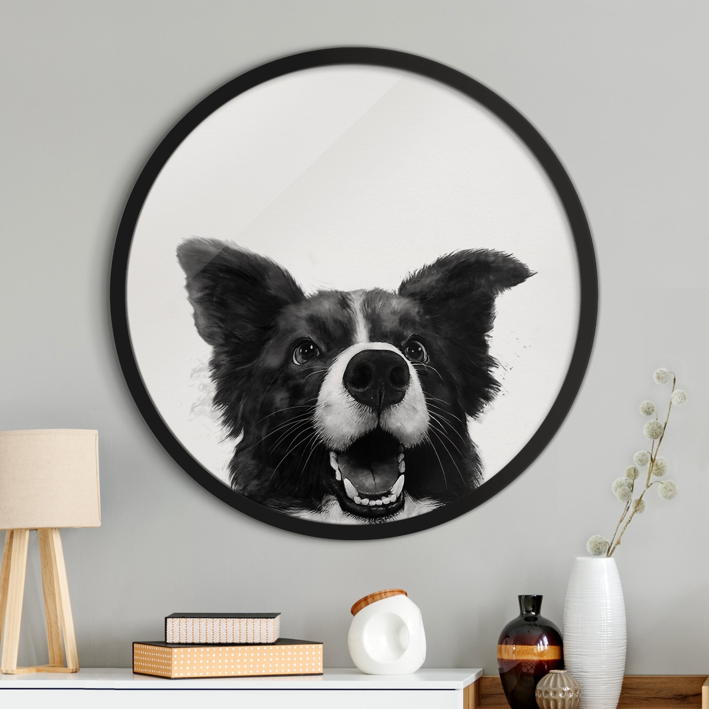 Rundes Gerahmtes Bild Illustration Hund Border Collie Schwarz Weiß Malerei