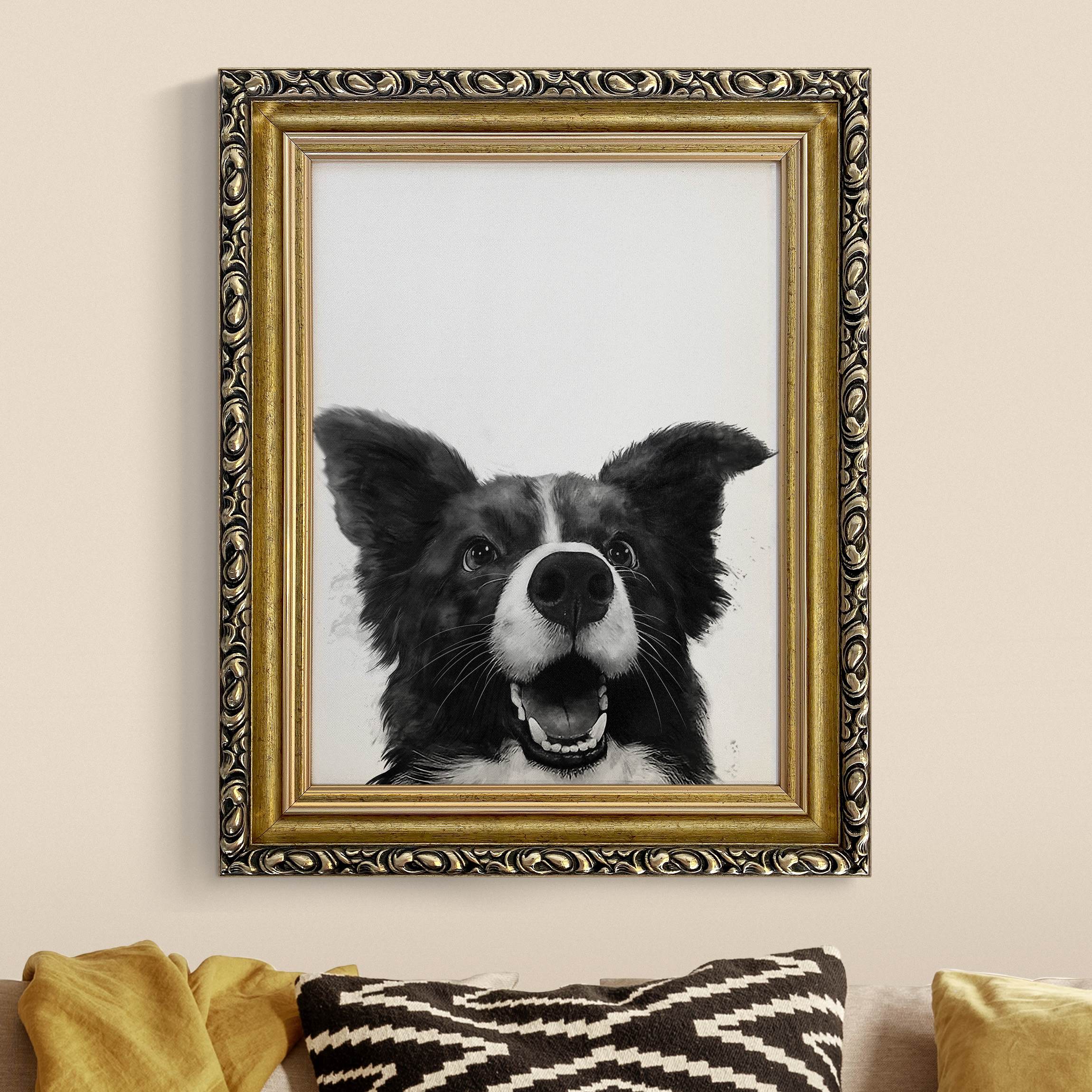 Leinwandbild in Barockrahmen Illustration Hund Border Collie Schwarz Weiß Malerei