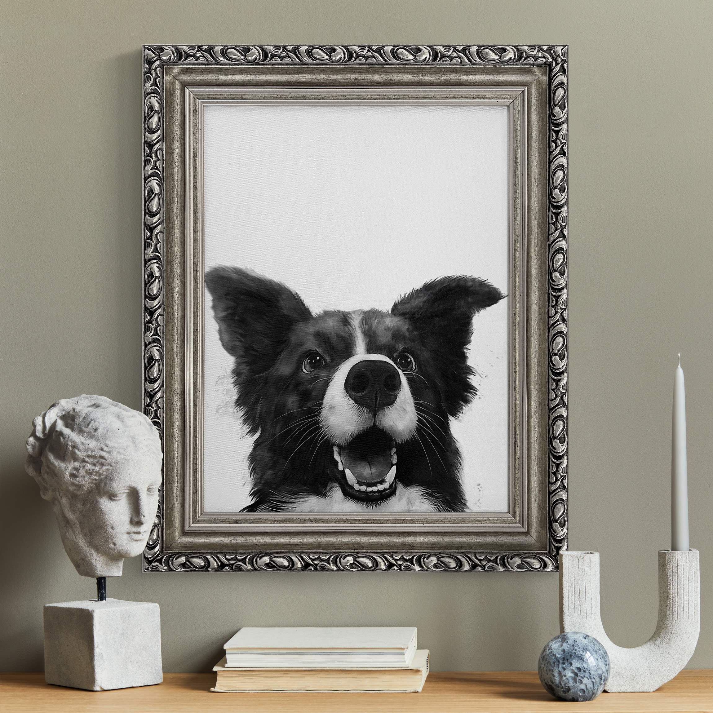 Leinwandbild in Barockrahmen Illustration Hund Border Collie Schwarz Weiß Malerei