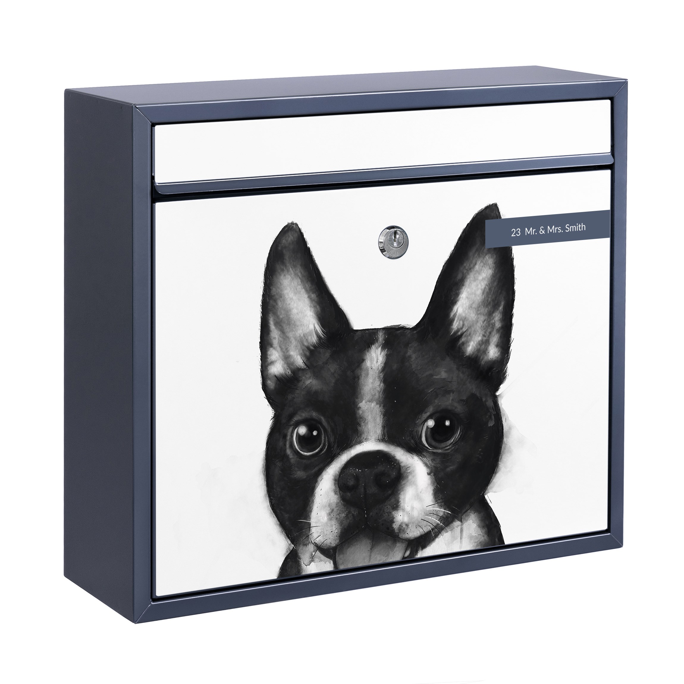 Briefkasten mit eigenem Text Illustration Hund Boston Schwarz Weiß Malerei