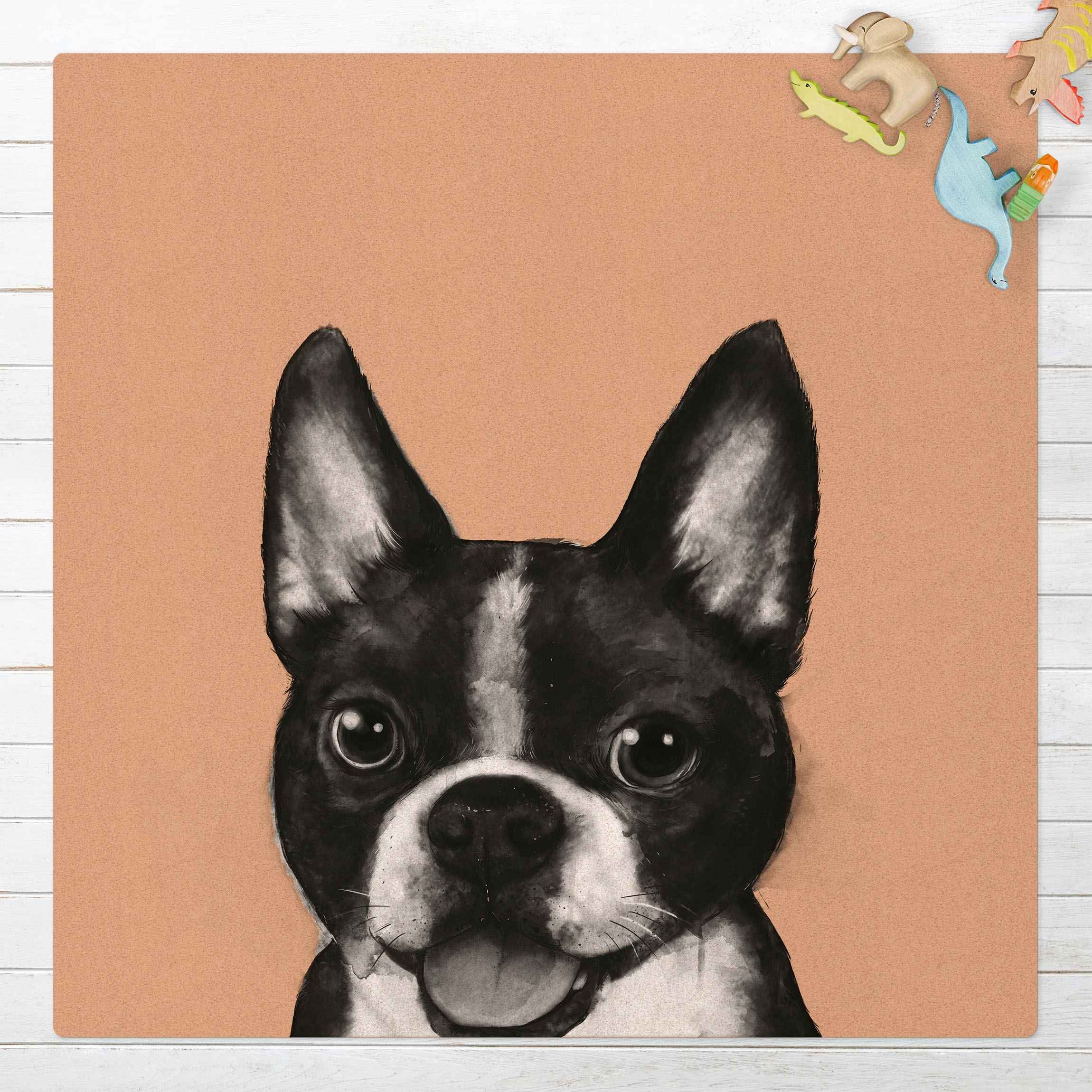 Kork-Teppich Illustration Hund Boston Schwarz Weiß Malerei