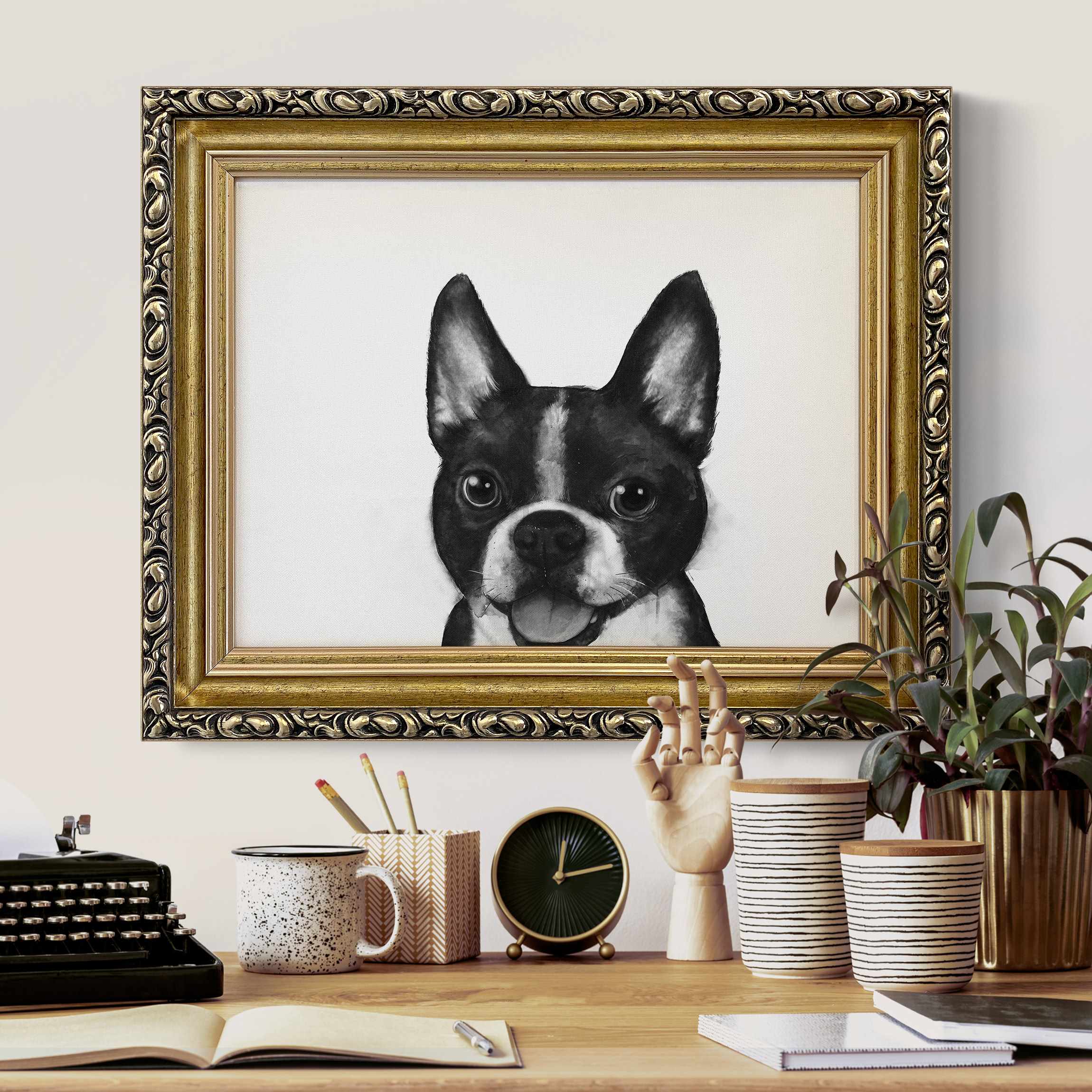 Leinwandbild mit Barockrahmen Illustration Hund Boston Schwarz Weiß Malerei