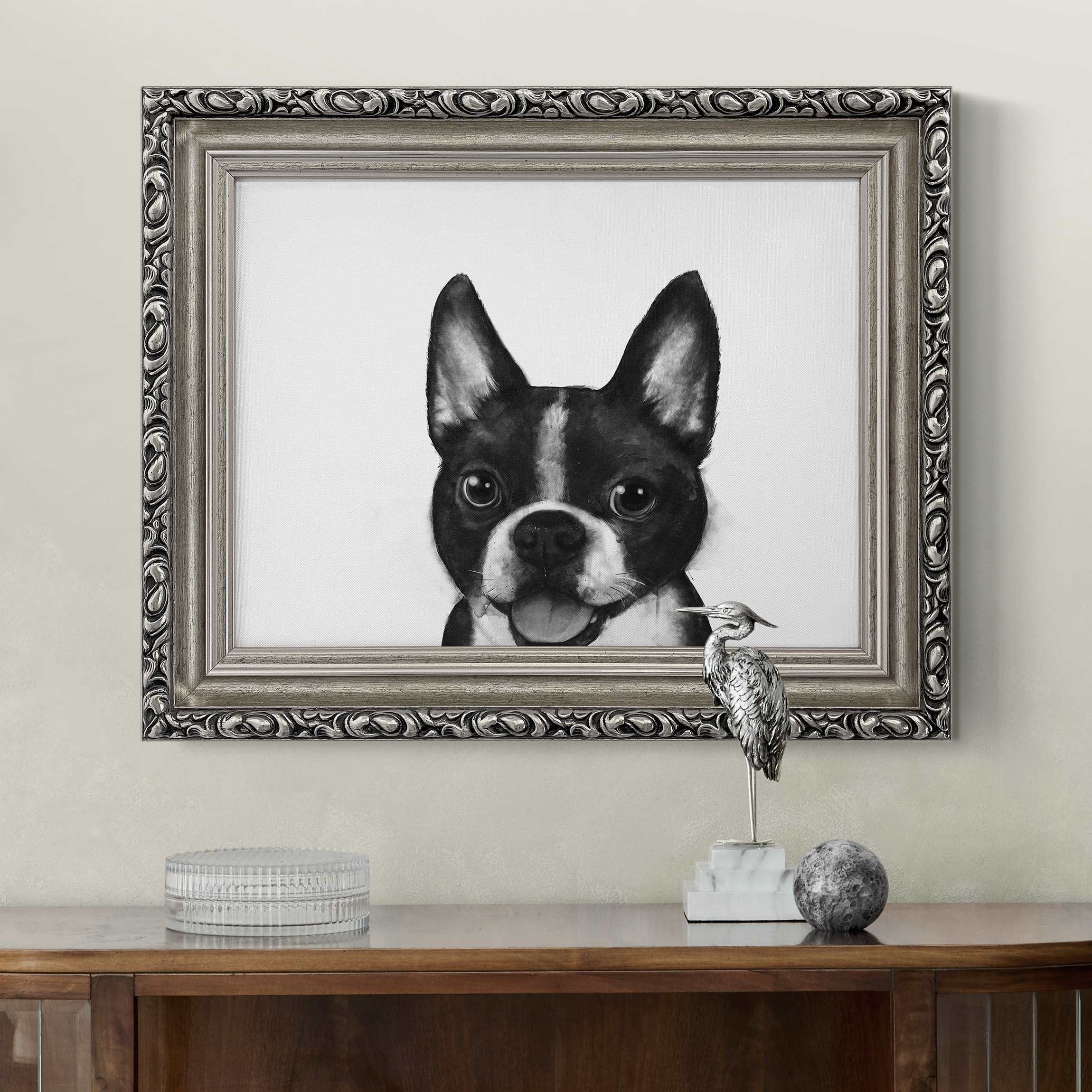 Leinwandbild in Barockrahmen Illustration Hund Boston Schwarz Weiß Malerei