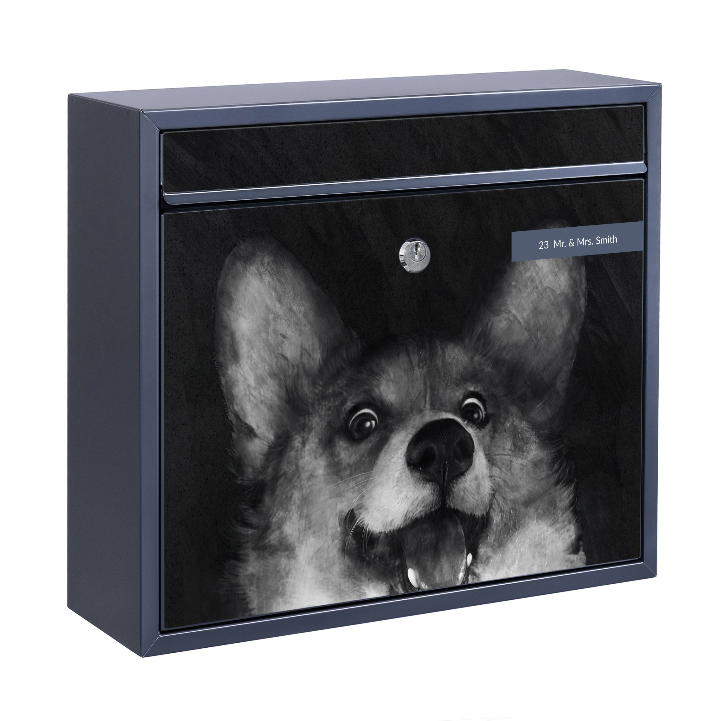 Briefkasten mit eigenem Text Illustration Hund Corgi Malerei Schwarz Weiß