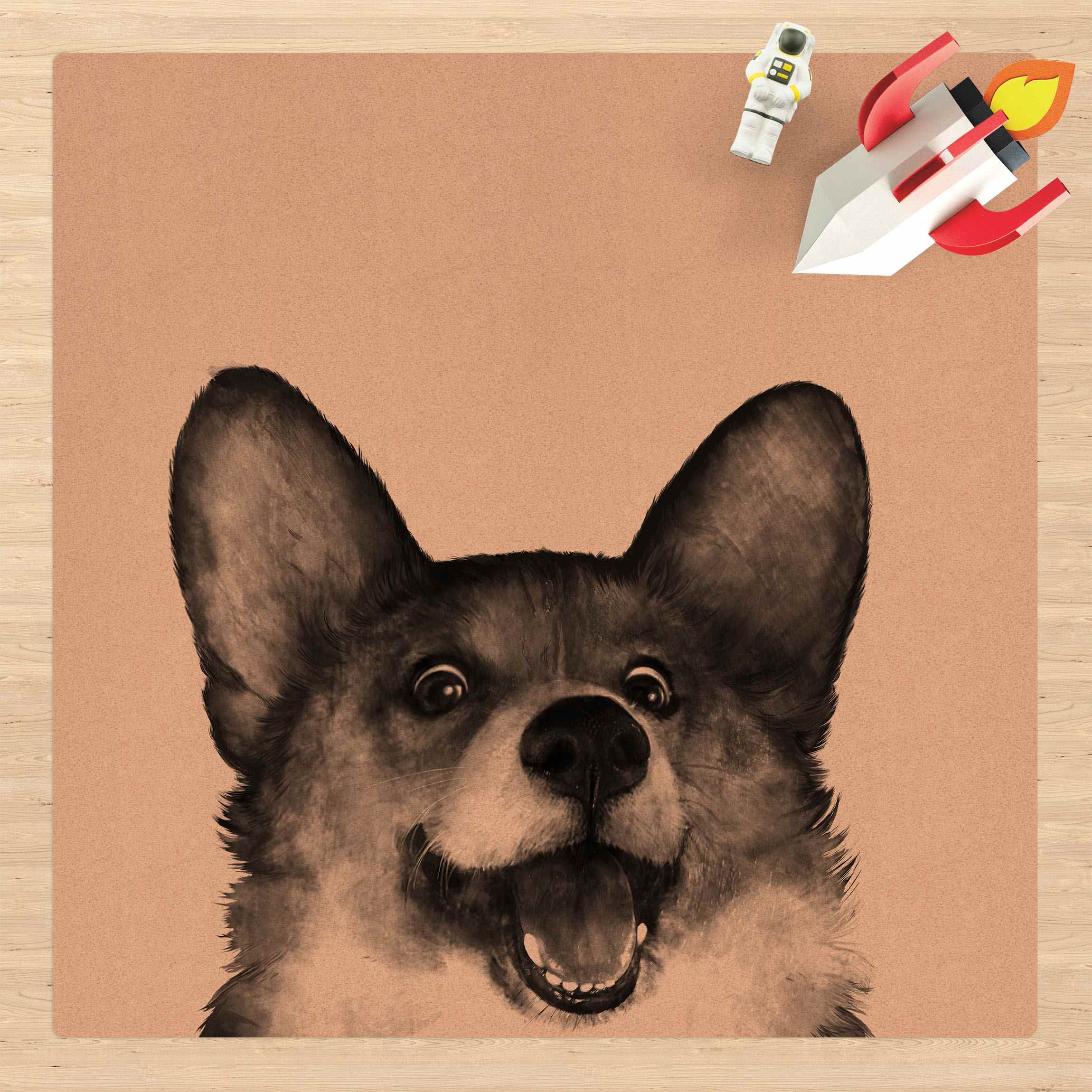 Kork-Teppich Illustration Hund Corgi Weiß Schwarz Malerei
