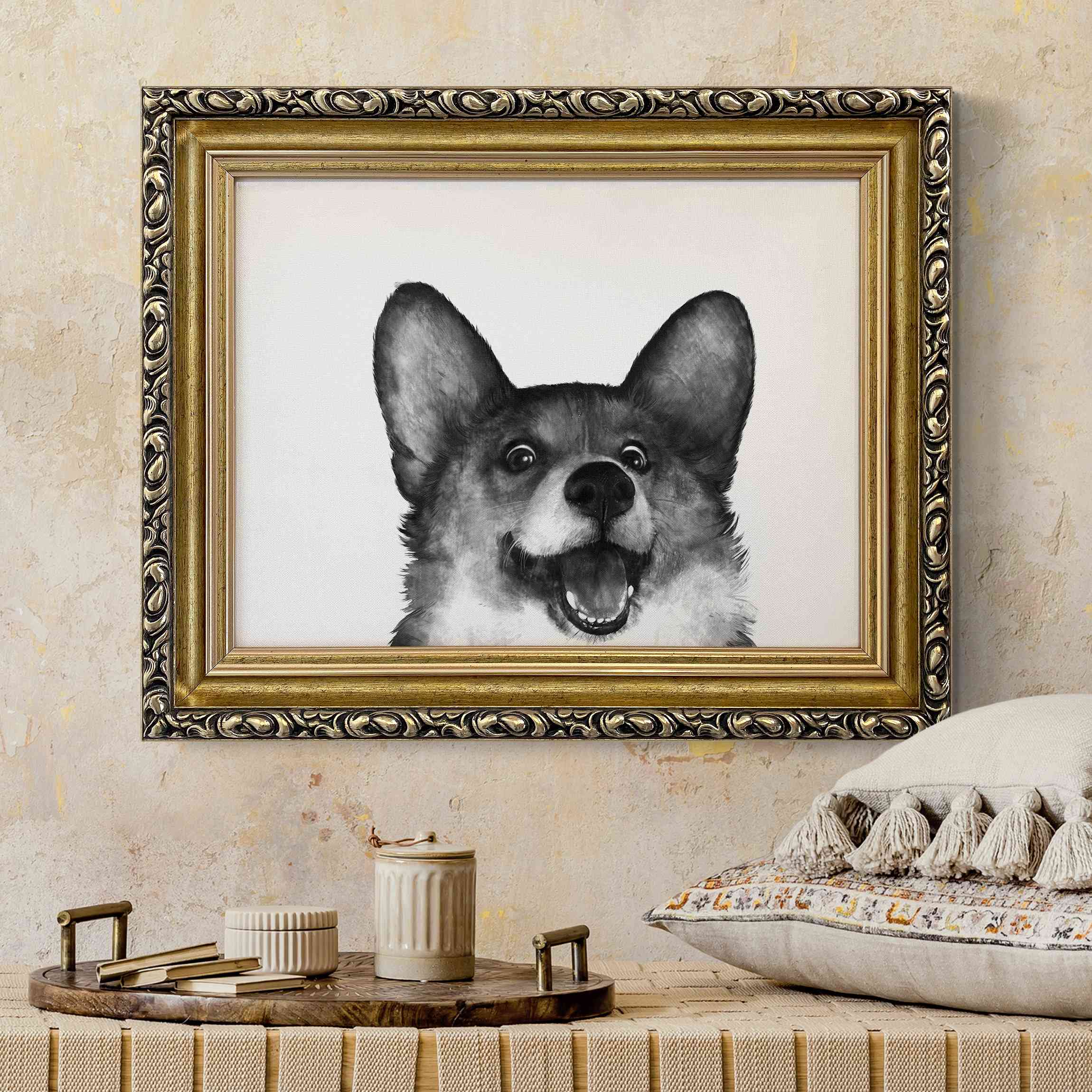 Leinwandbild in Barockrahmen Illustration Hund Corgi Weiß Schwarz Malerei