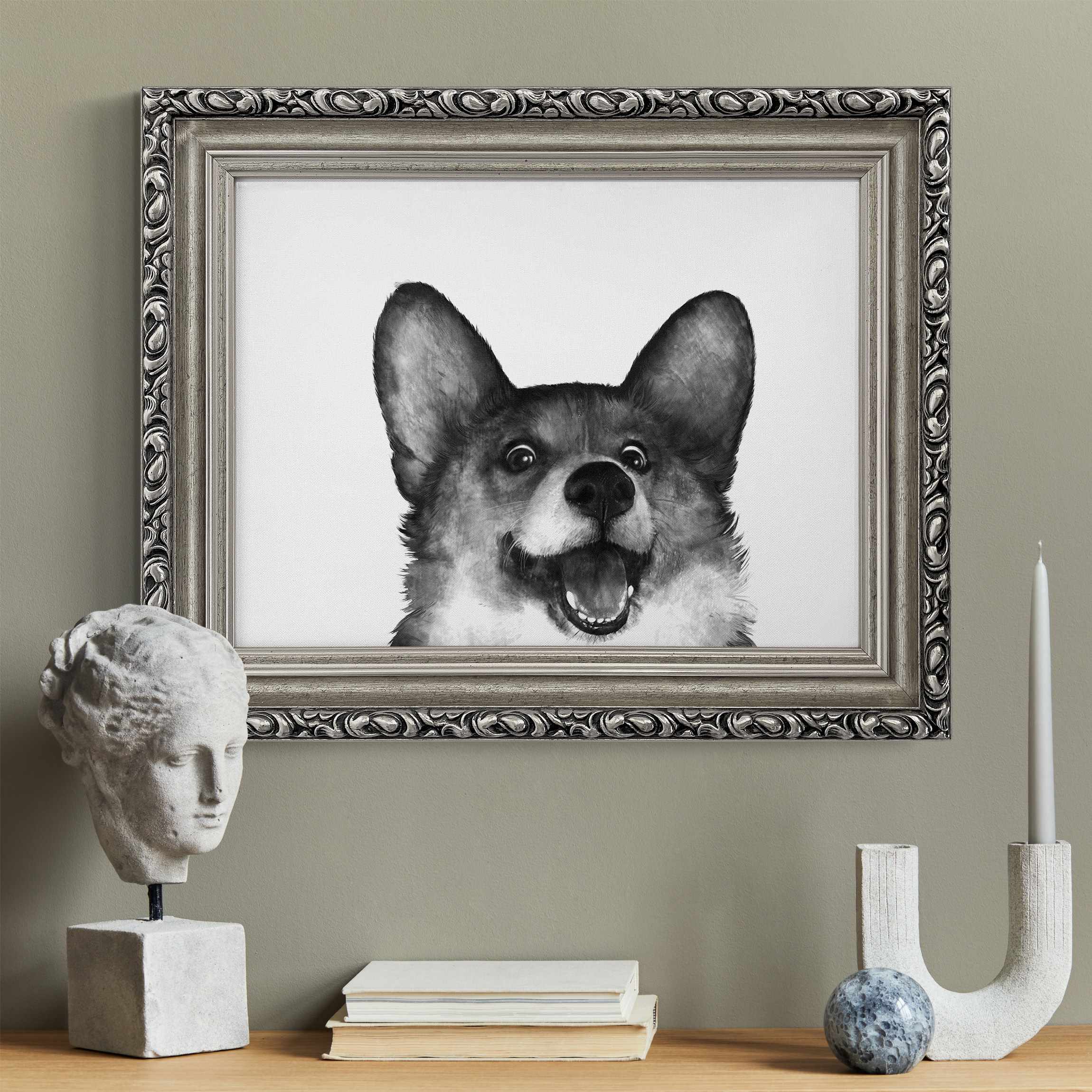 Leinwandbild in Barockrahmen Illustration Hund Corgi Weiß Schwarz Malerei