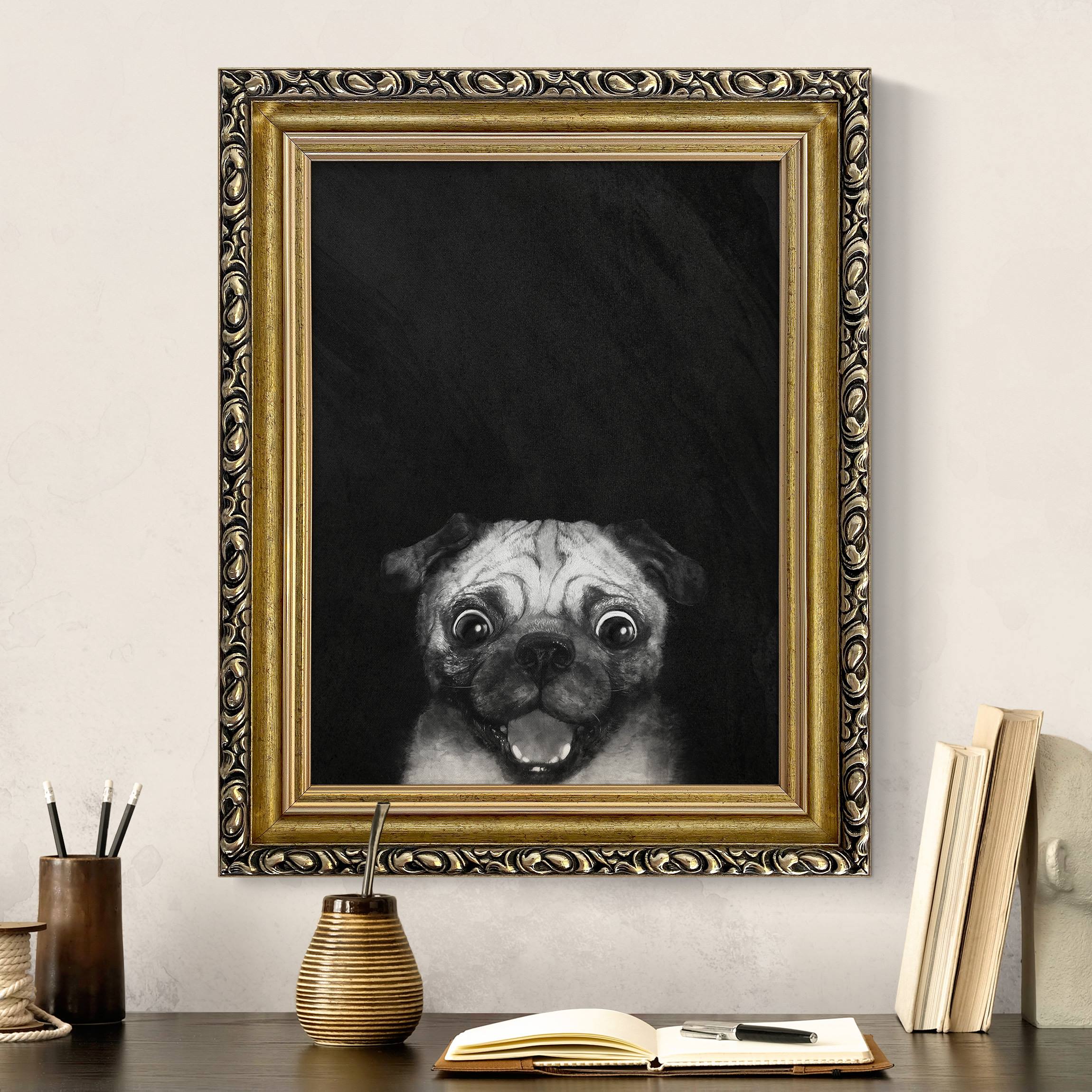 Leinwandbild mit Barockrahmen Illustration Hund Mops Malerei auf Schwarz Weiß